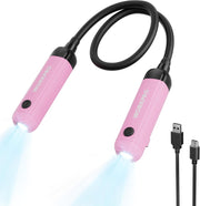 Pink rechargeable neck light with two LED pods and bendable silicone neckband