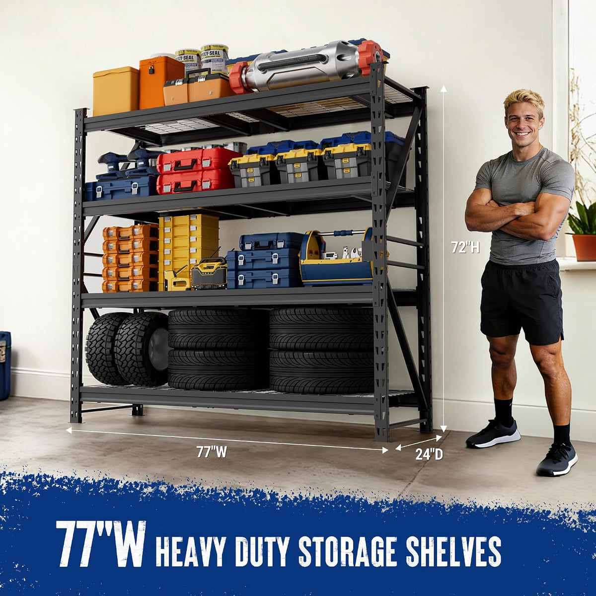 Black heavy-duty 4-tier adjustable metal storage rack with open wire shelves