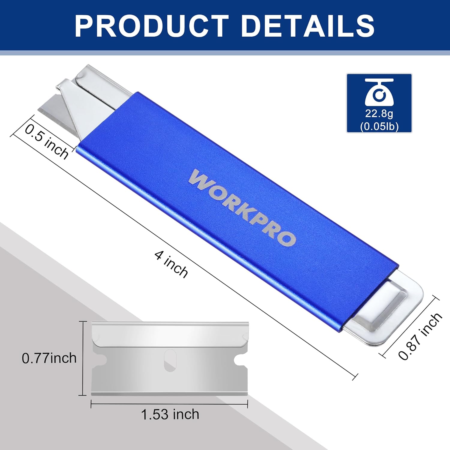 Blue retractable box cutter with metal sheath and single-edge razor blade