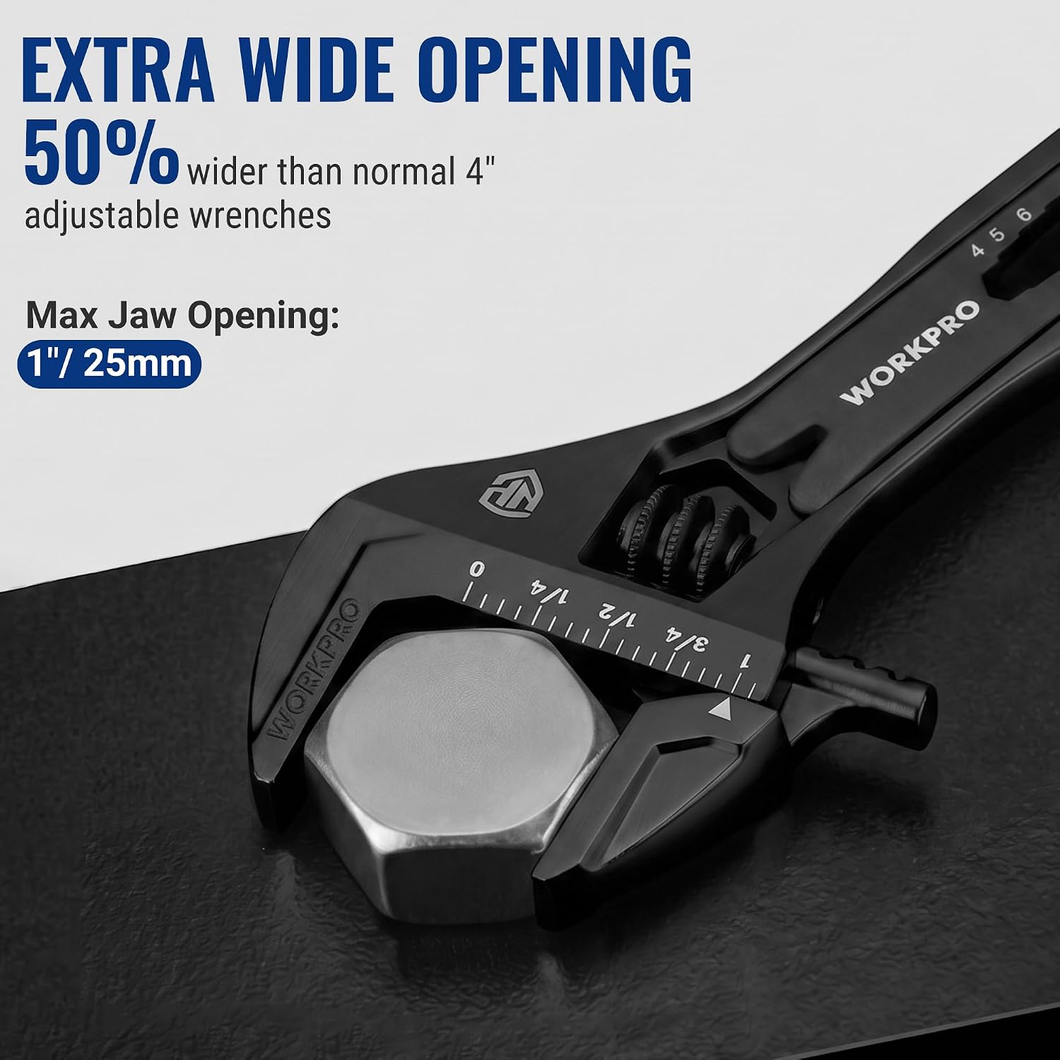 4 inch adjustable wrench multitool in matte black and metal, WORKPRO, wide jaw opening for nuts and bolts, 9 in 1