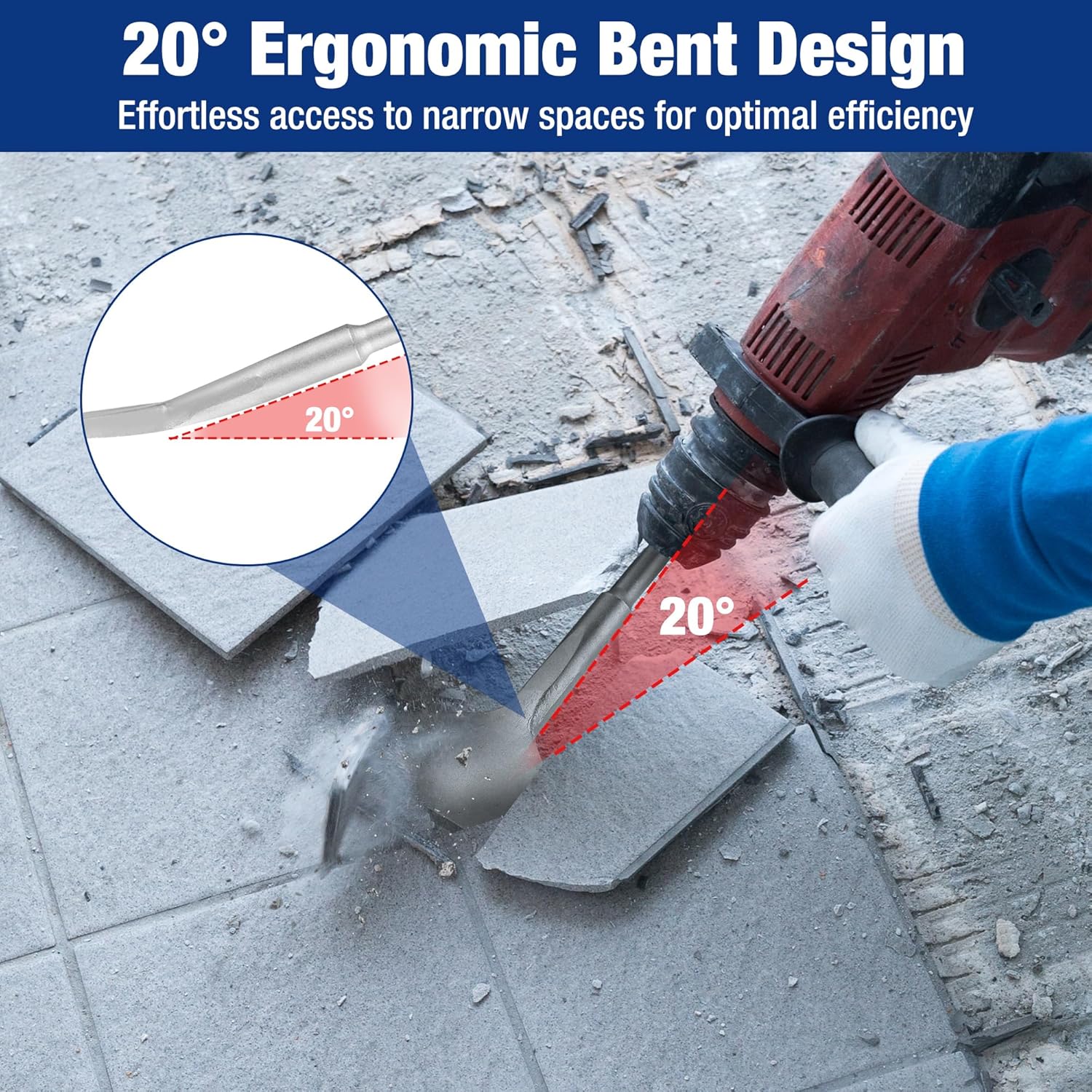 Ergonomically bent SDS-Plus tile chisel with wide flat blade for narrow spaces