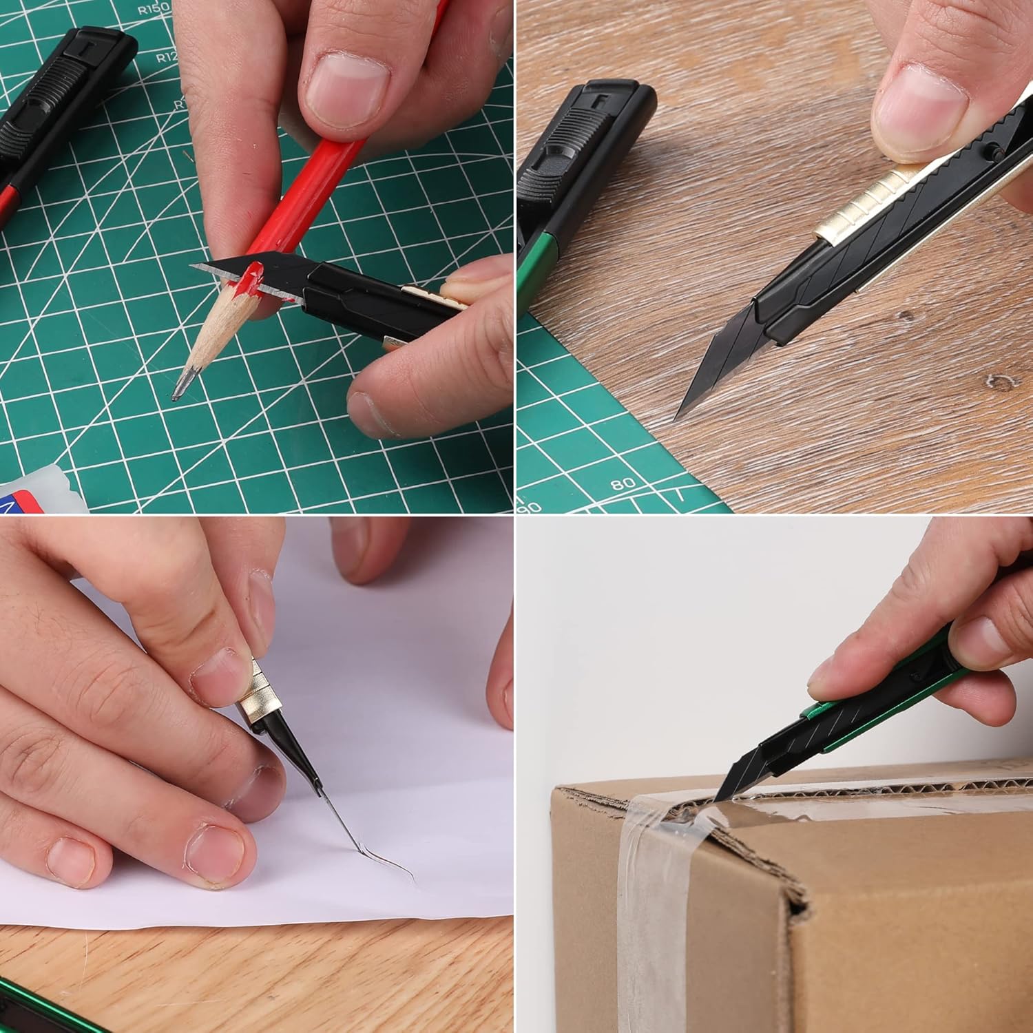 Retractable utility knife in hands cutting paper and scoring a cardboard box