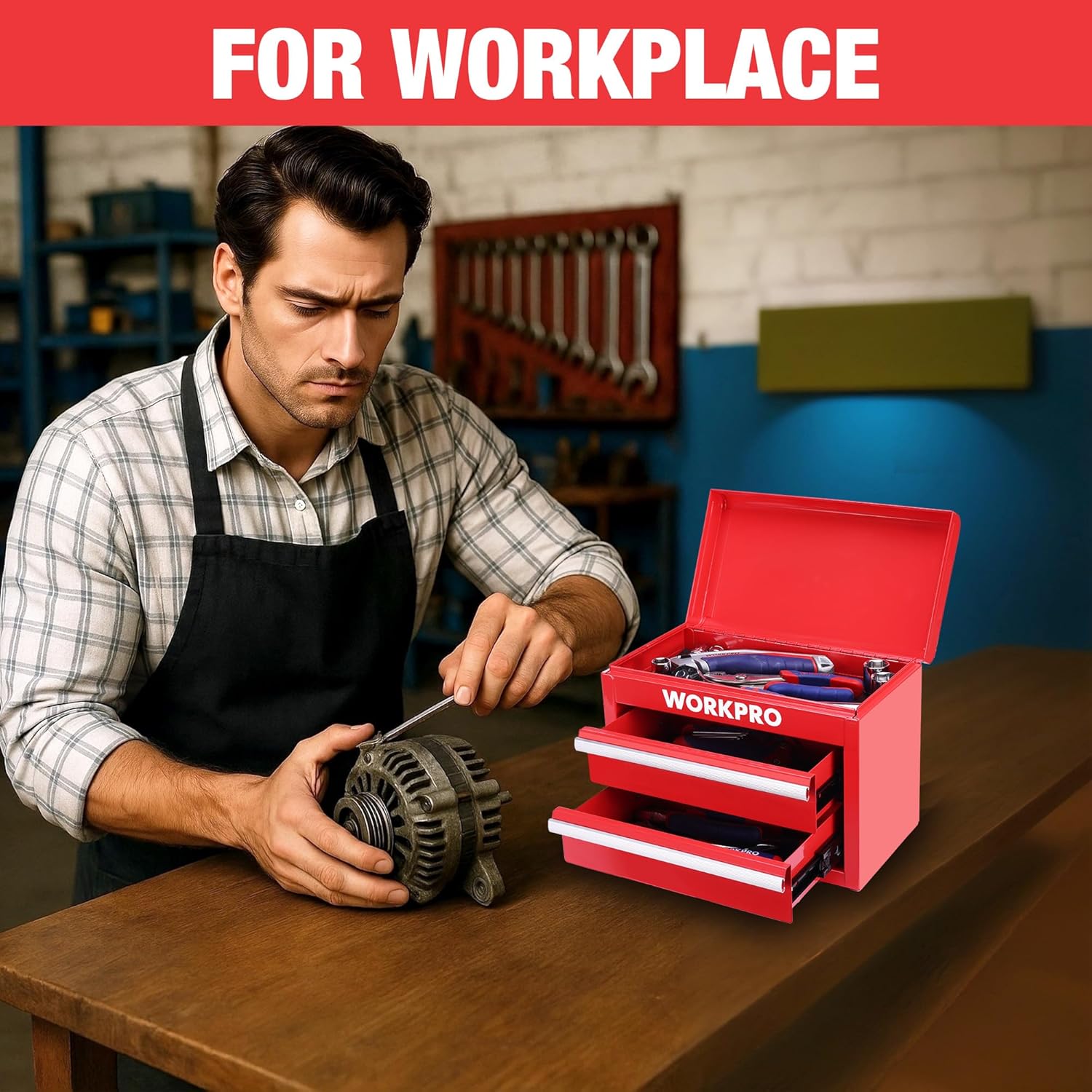 Red mini tool chest on a workbench with drawers open for tools