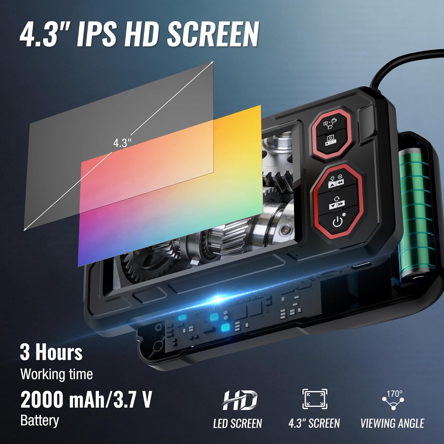 Handheld industrial endoscope camera with 4.3-inch screen, LED lights, and control buttons