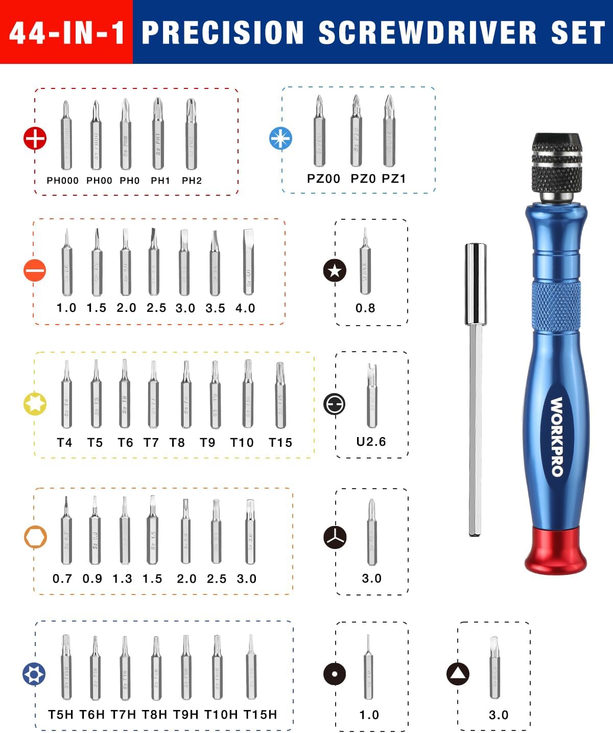 Blue and red precision screwdriver with magnetized bit holder and small metal bits