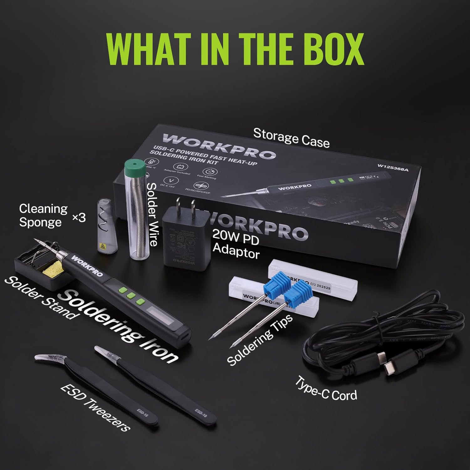 Soldering iron kit contents: storage case, 20W adapter, tips, Type-C cord, tools