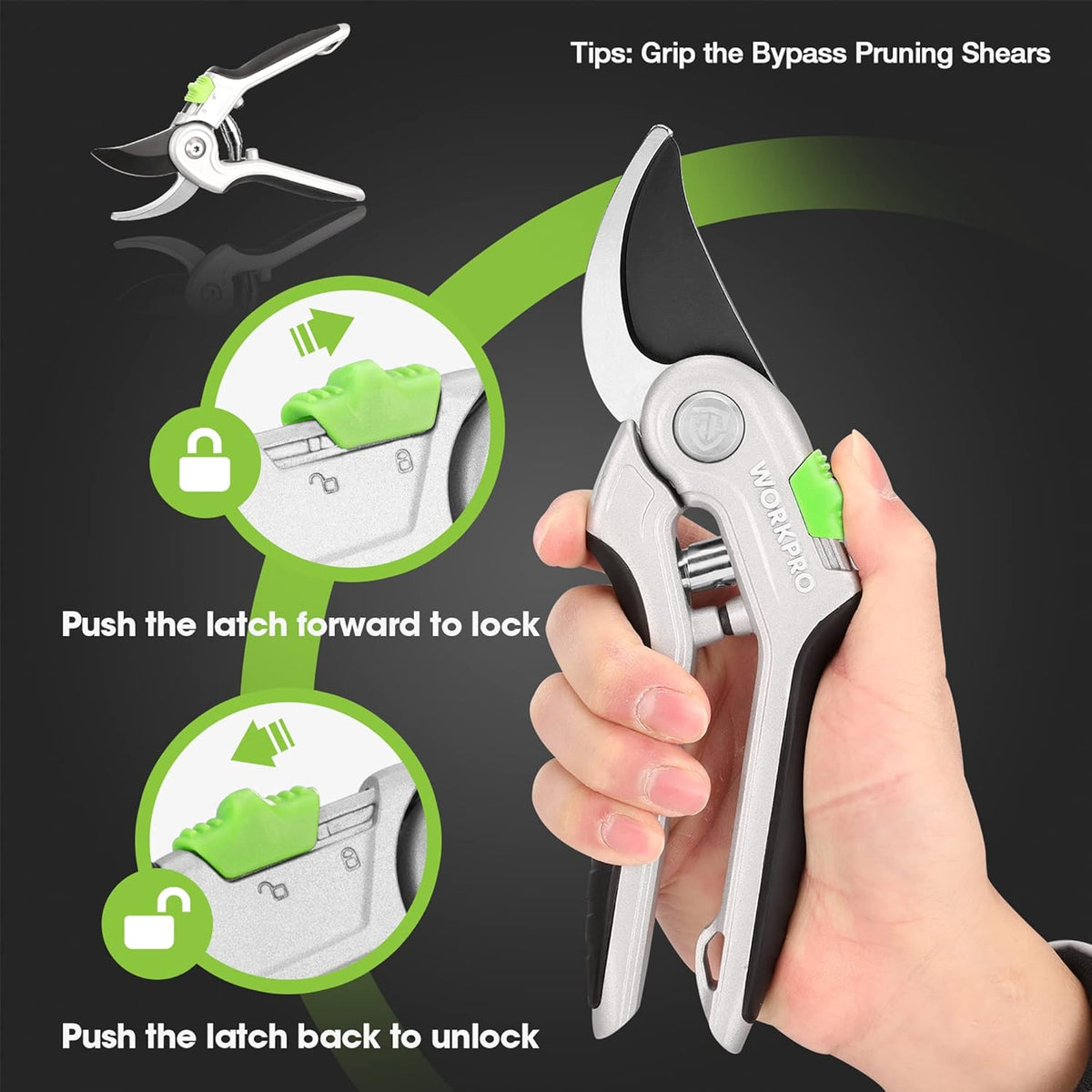 Bypass pruning shears with green locking latch and black blade in hand