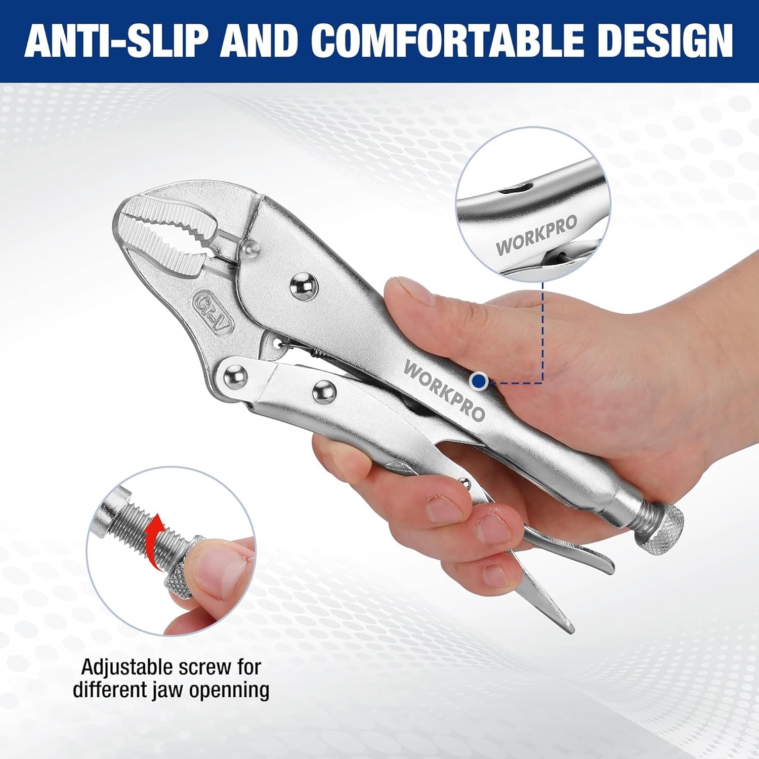 WORKPRO 5-Piece curved jaw locking pliers set in chrome vanadium steel with secure grip and durable quality