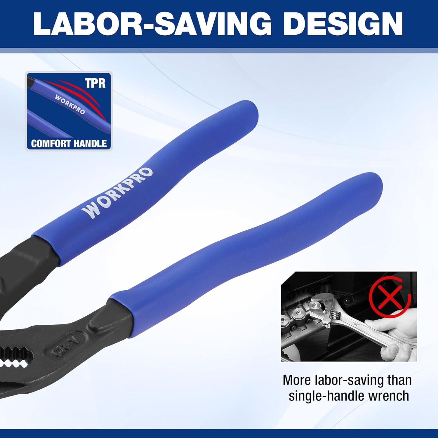 Labor-saving design plier wrench with blue comfort handles and black tool head