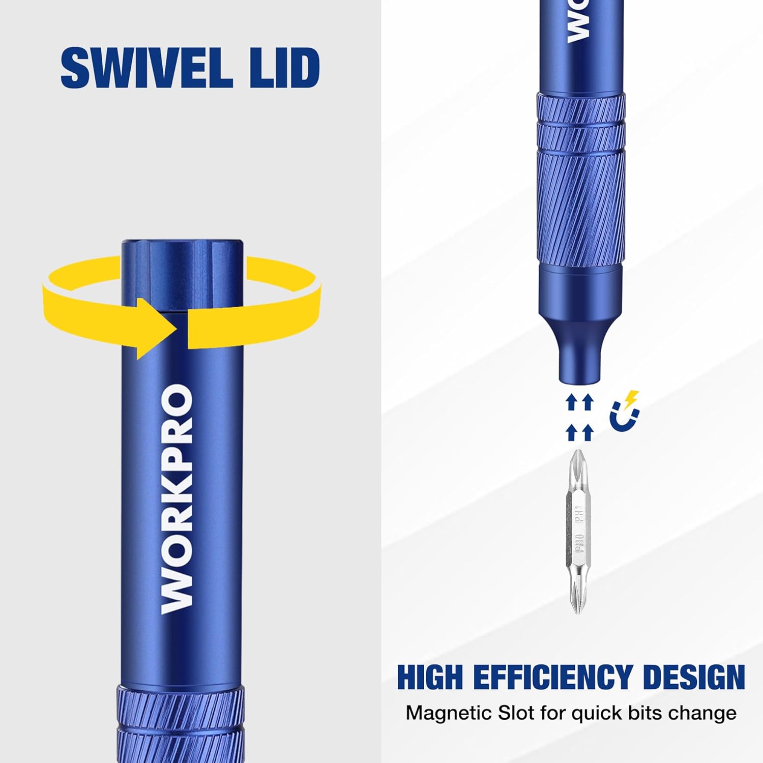 Blue WORKPRO mini screwdriver with swivel end cap and magnetic bit storage slot