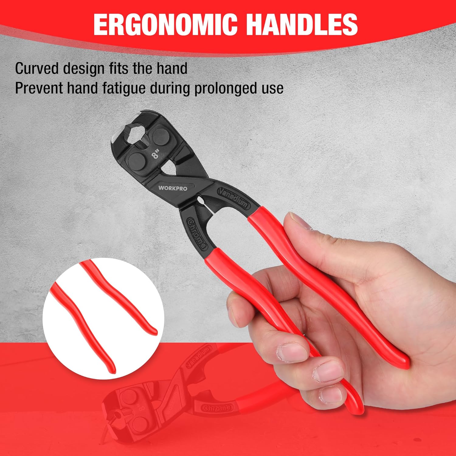 Ergonomic 8-inch nail puller pliers with curved red handles and black grip plates