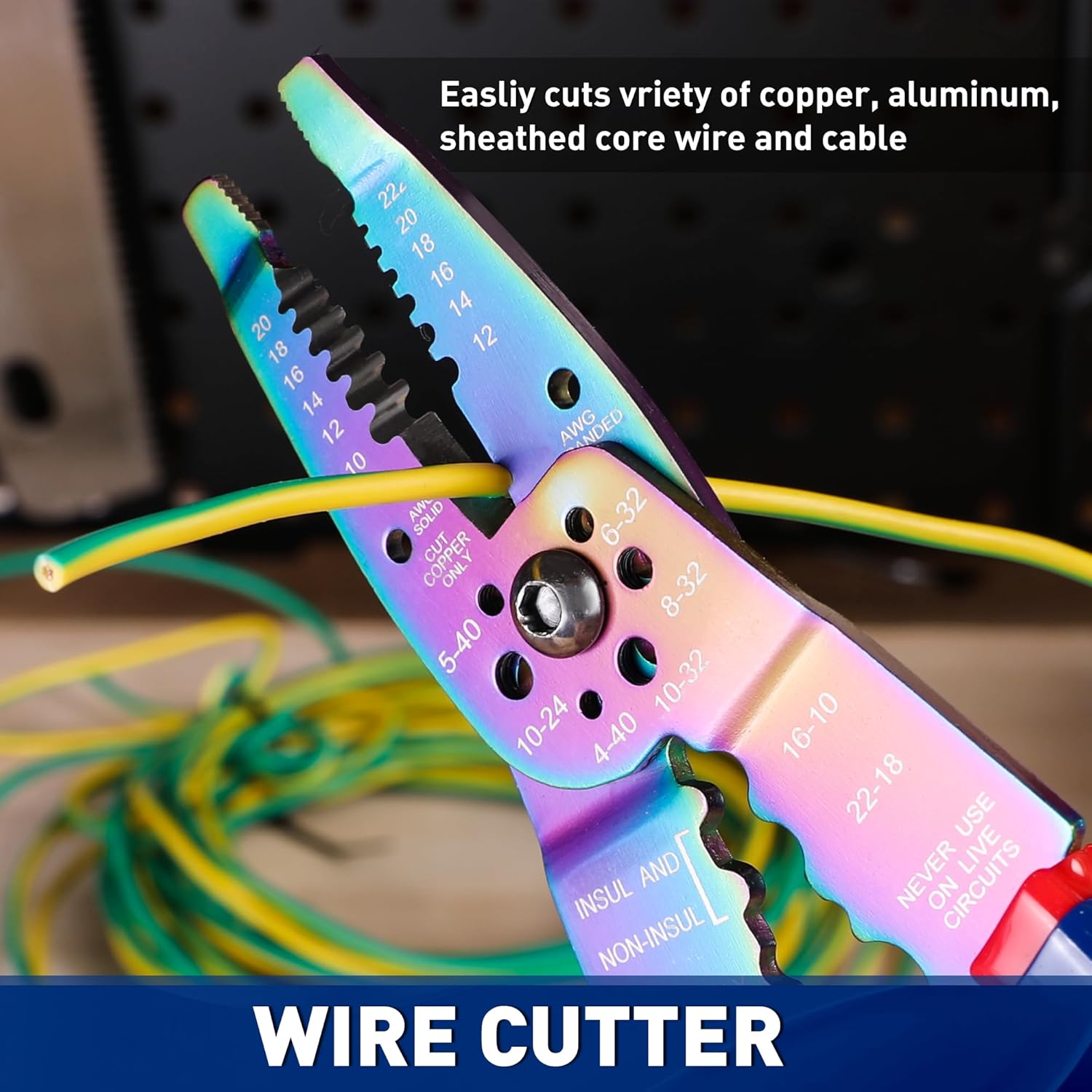 Wire cutter and stripper head with serrated blades, rainbow-coated for copper and sheath cable