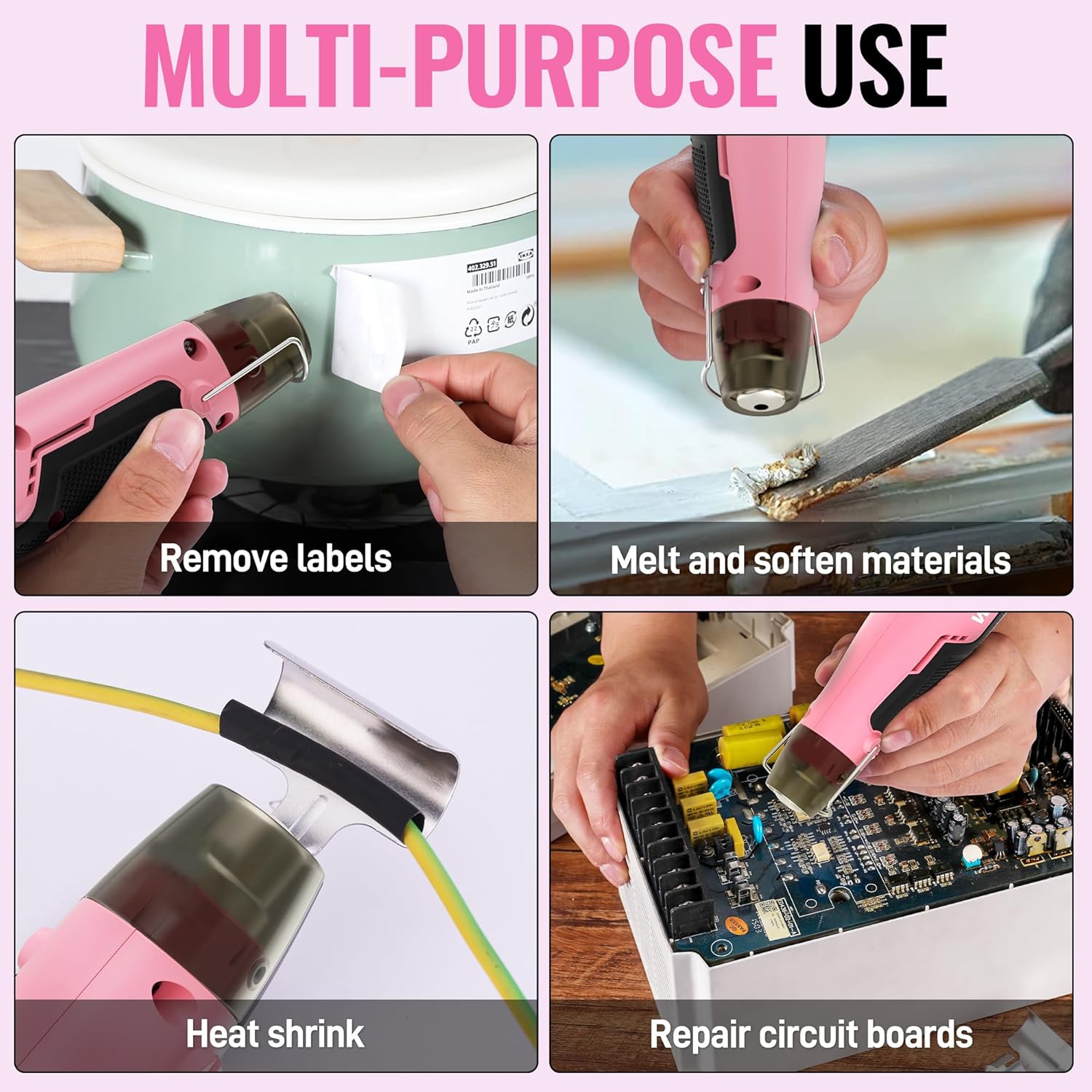 Pink mini heat gun for removing labels, softening materials, heat shrink, and repairs