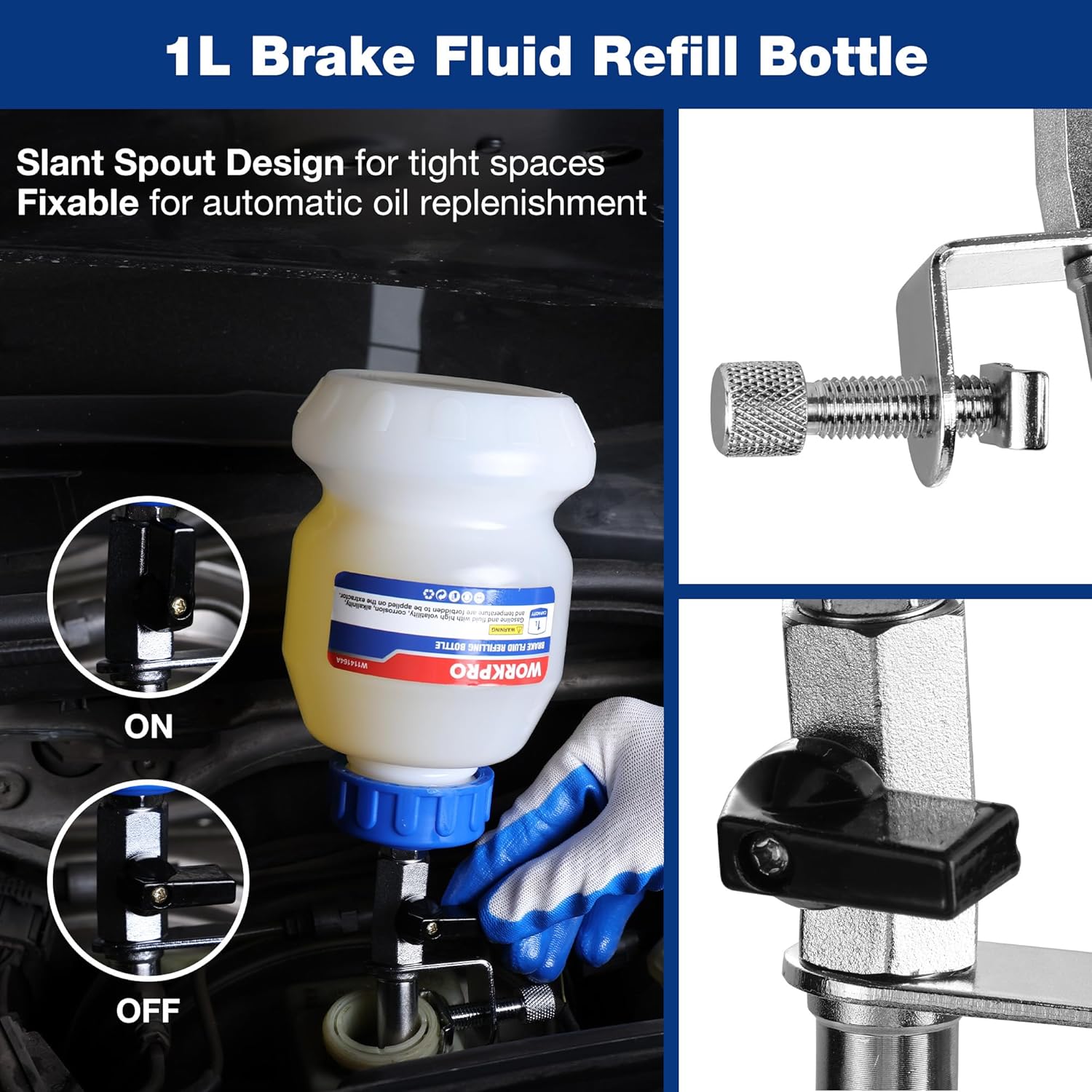 1L brake fluid refill bottle with slant spout and metal threaded adapter