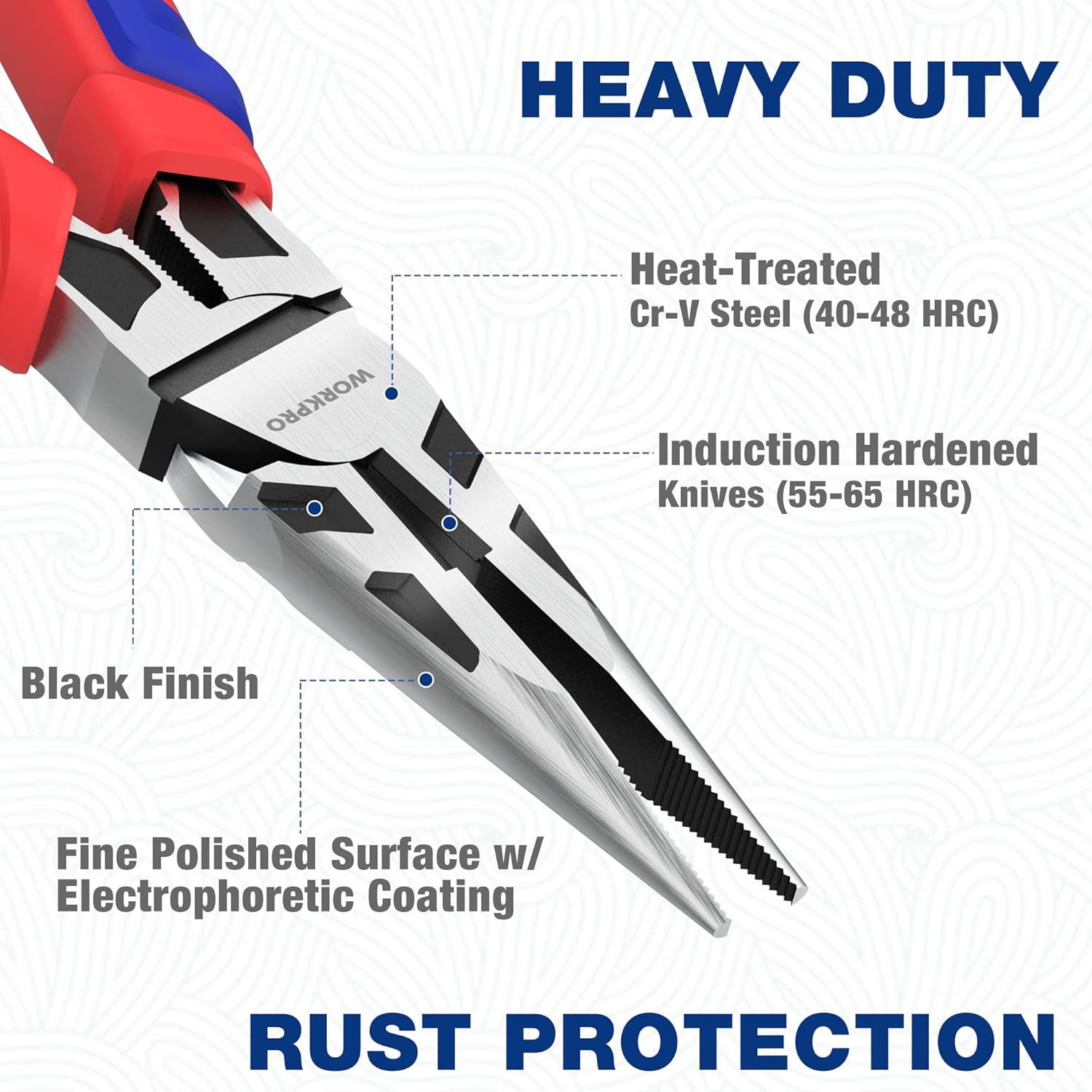 Long needle-nose cutting pliers with black finish, tapered jaws, red-blue grips