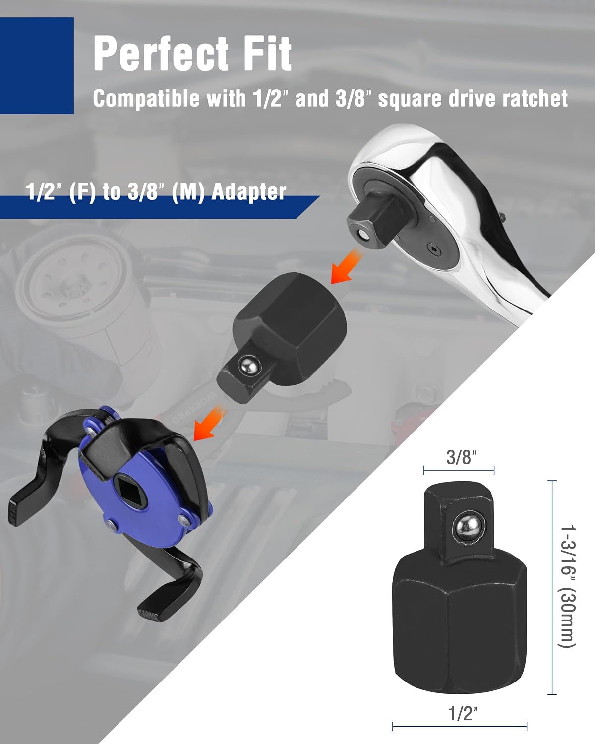 Adjustable oil filter pliers with 1/2 and 3/8 drive adapter for ratchet use
