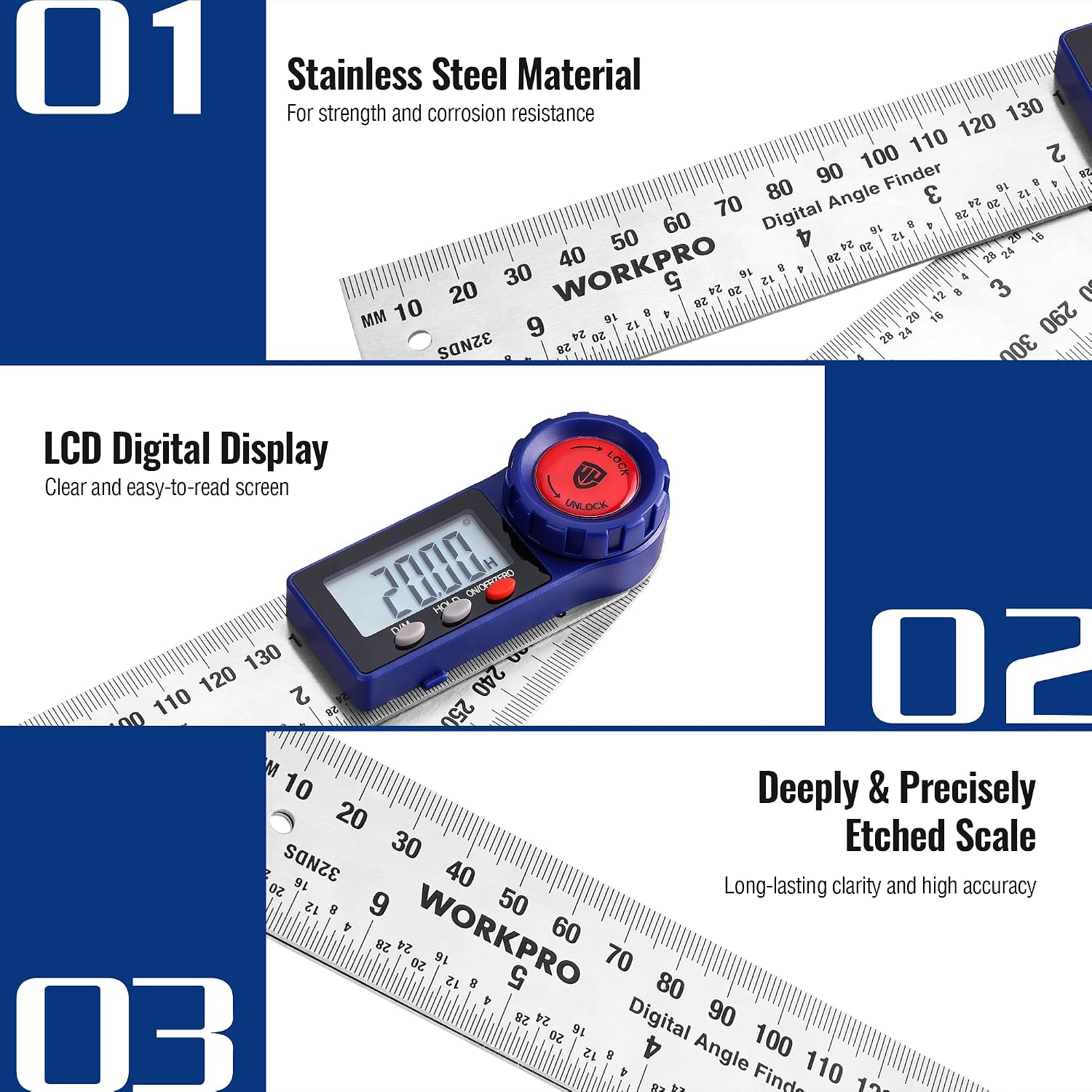 Blue digital angle finder with LCD display and etched stainless steel angle scale
