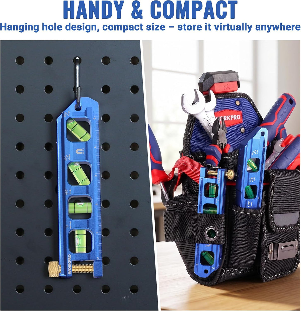 Workpro 4-piece magnetic torpedo level set in blue with bubble vials for plumbing measurement and leveling.