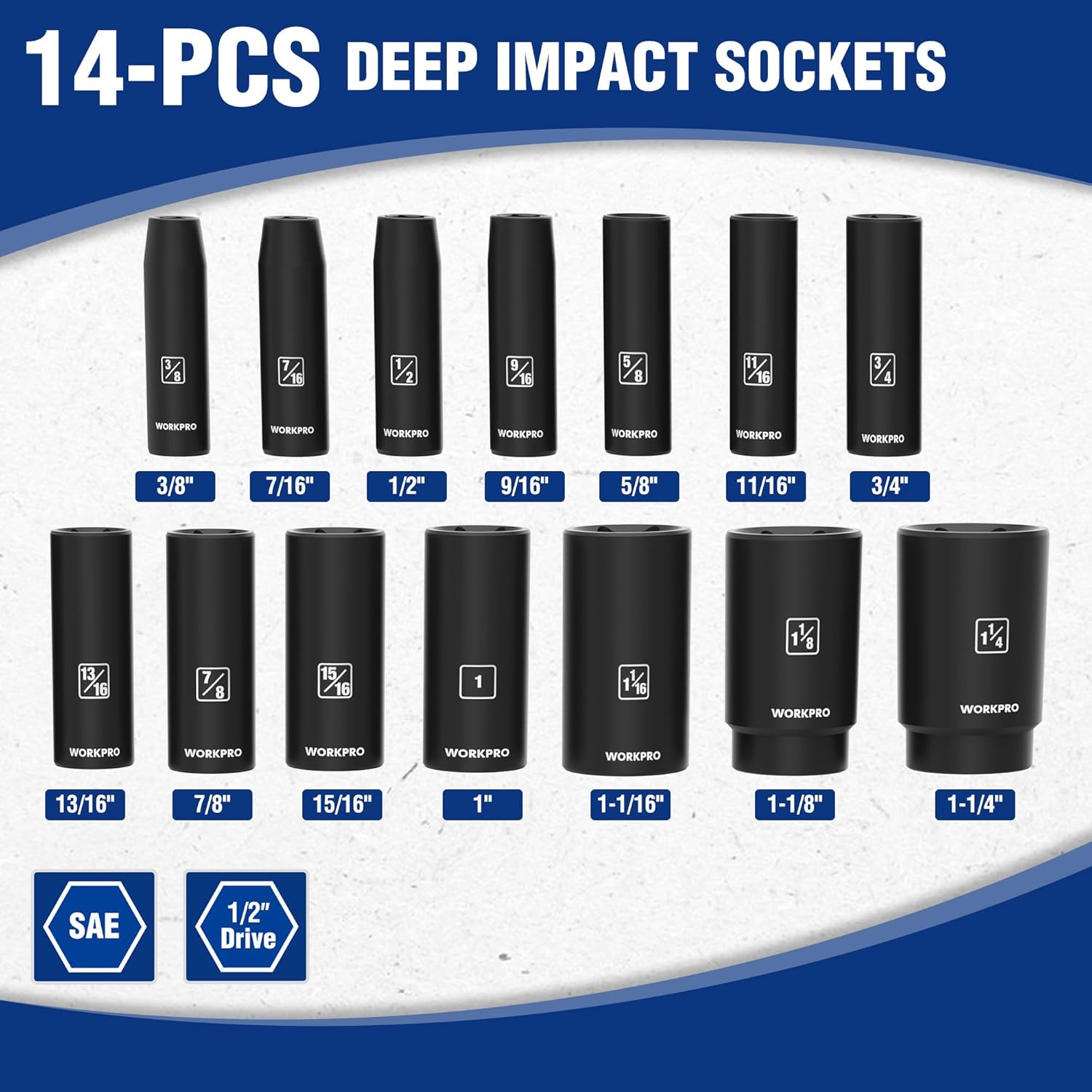 14-piece 1/2-inch drive deep impact socket set with black 6-point sockets, SAE sizes