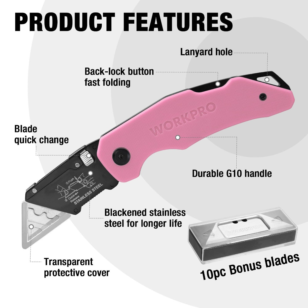 Pink G10 folding utility knife with black stainless blade and protective cover
