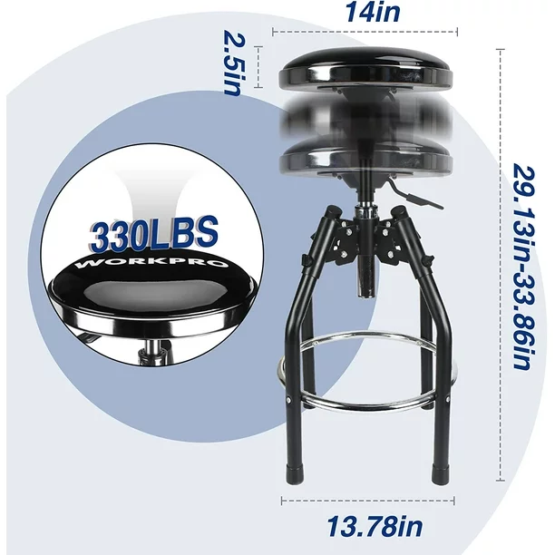 Adjustable hydraulic stool diagram showing range and capacity with black seat and chrome frame