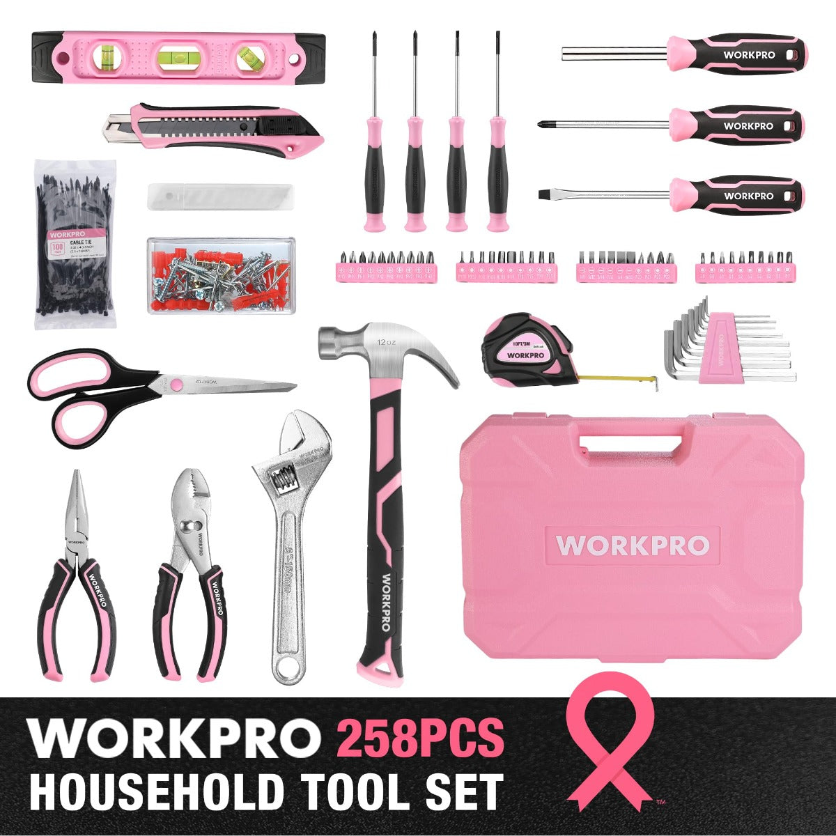 Pink household tool set kit with assorted tools, blades, and wrench in a case