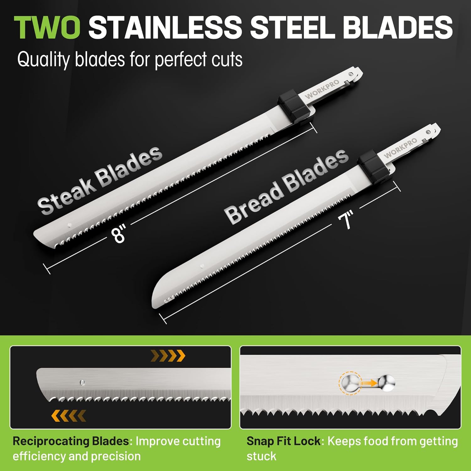 Two stainless steel electric knife blades for meat and bread, 8 in and 7 in