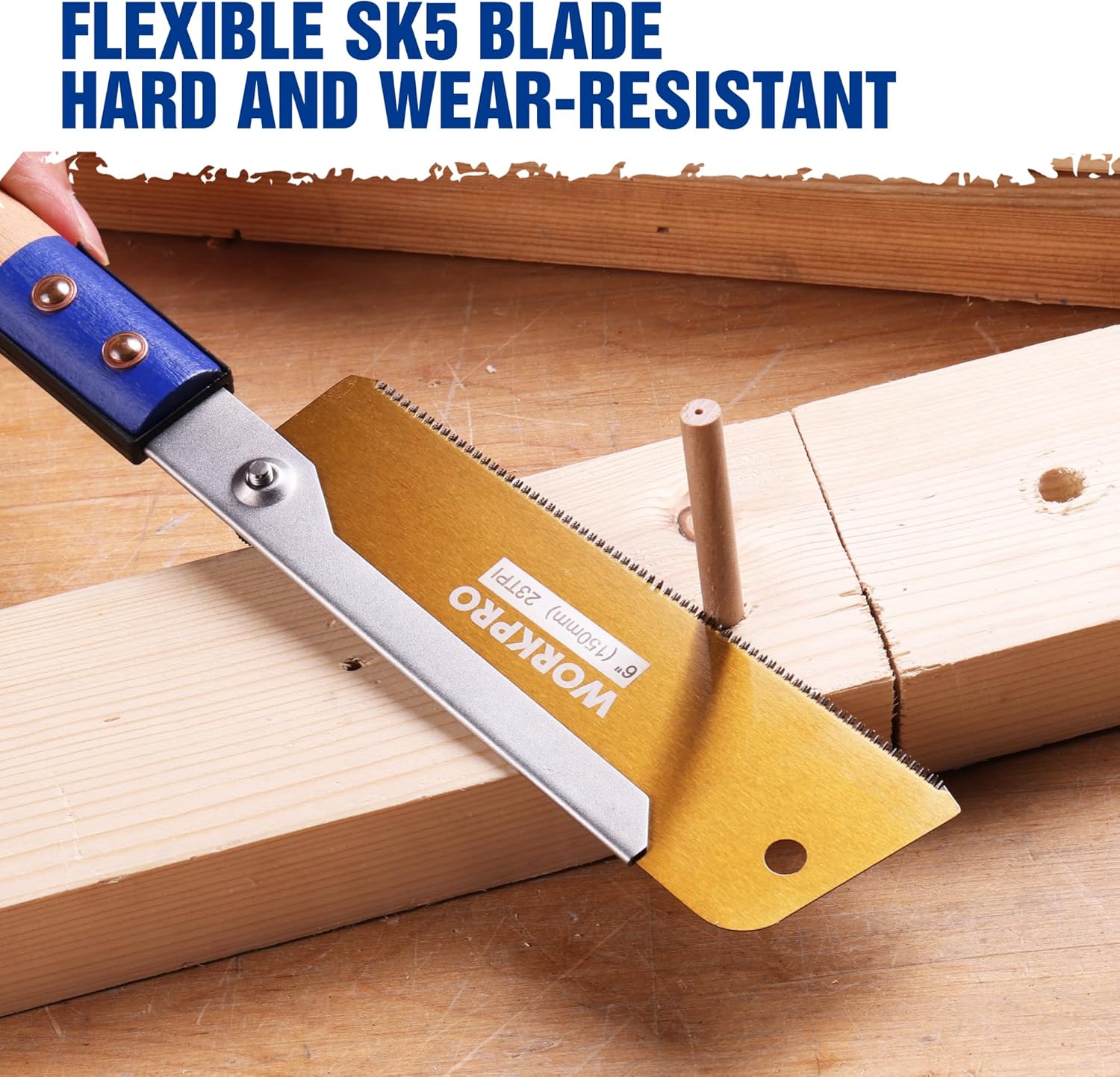 Flexible SK5 Japanese pull saw with blue end cap and yellow blade guard