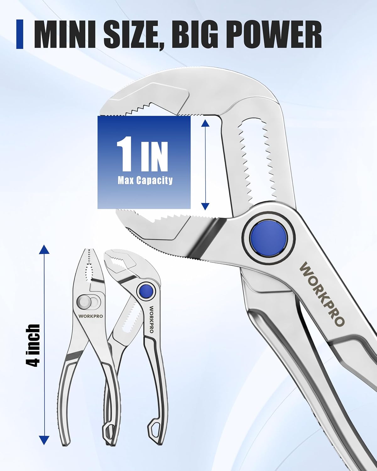 WORKPRO 4-inch mini water pump plier with adjustable jaw and blue knob