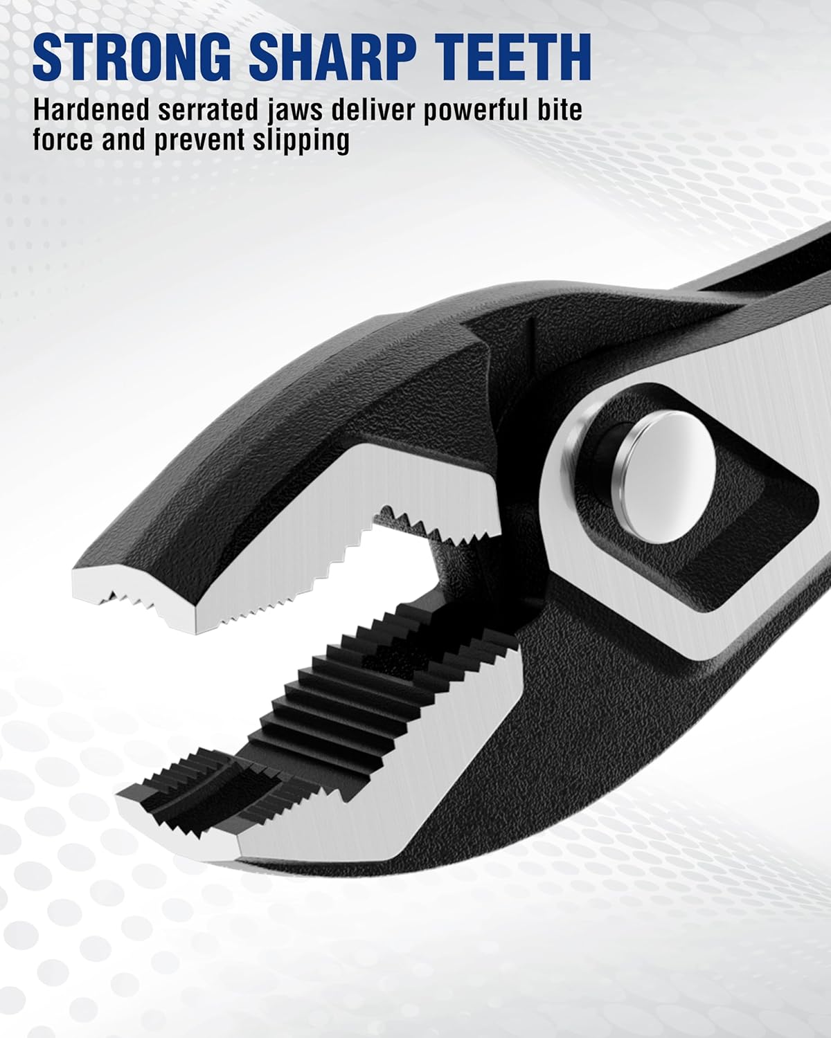 Slip-joint pliers with diamond-grip jaws and serrated teeth for strong bite