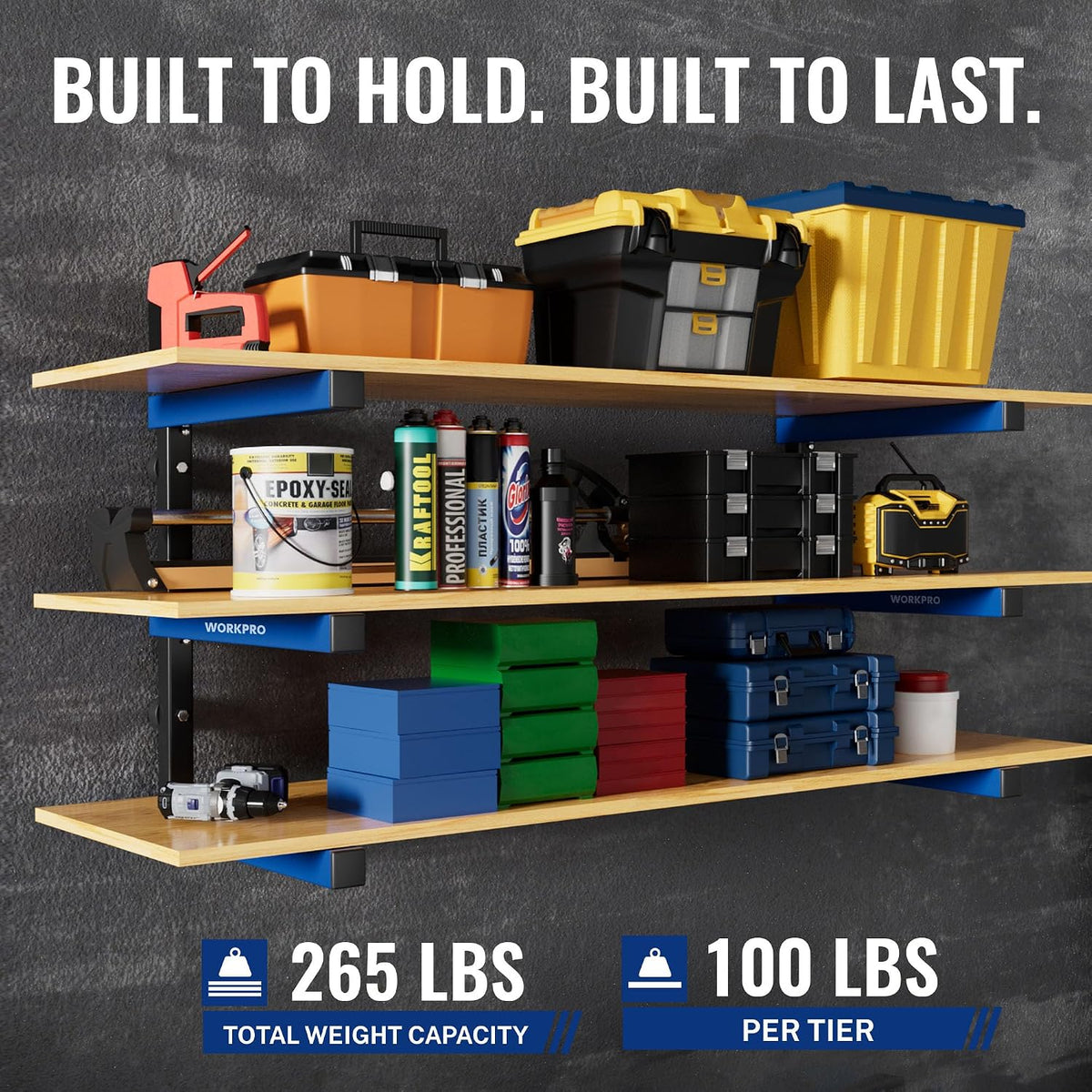 WORKPRO 4PC 3-Tier Wall Mount Lumber Storage Rack | Q195 Steel, 265 Lbs Total, 100 Lbs/Tier. Hardware Included. Fits Garages, Basements, Sheds, Workshops