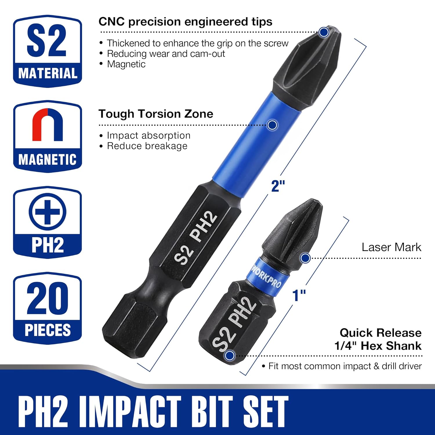 PH2 impact screwdriver bits with S2 tips, 1/4-inch hex shank, 1-inch and 2-inch lengths
