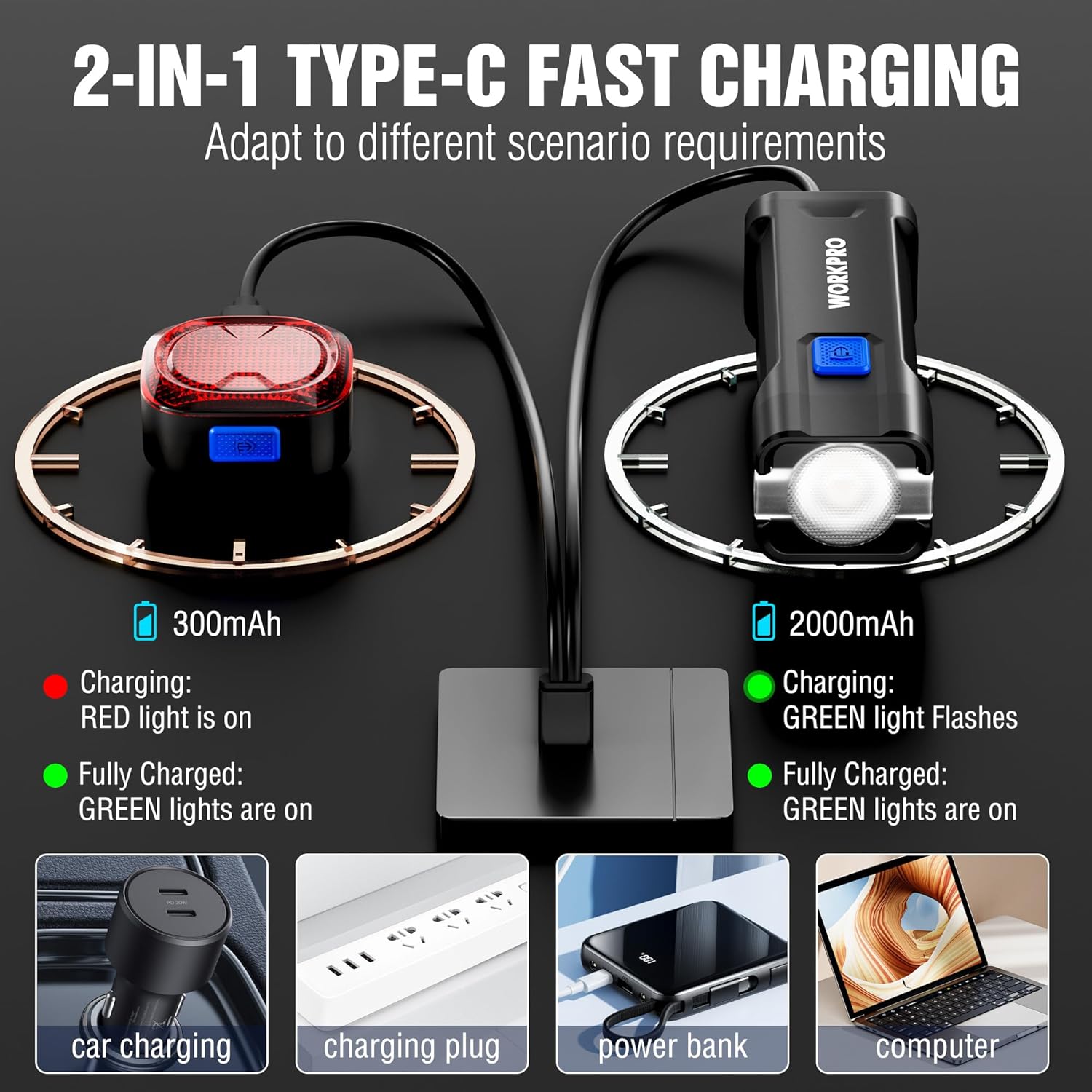 Rechargeable Type-C charging bike light set with blue indicators and front white light