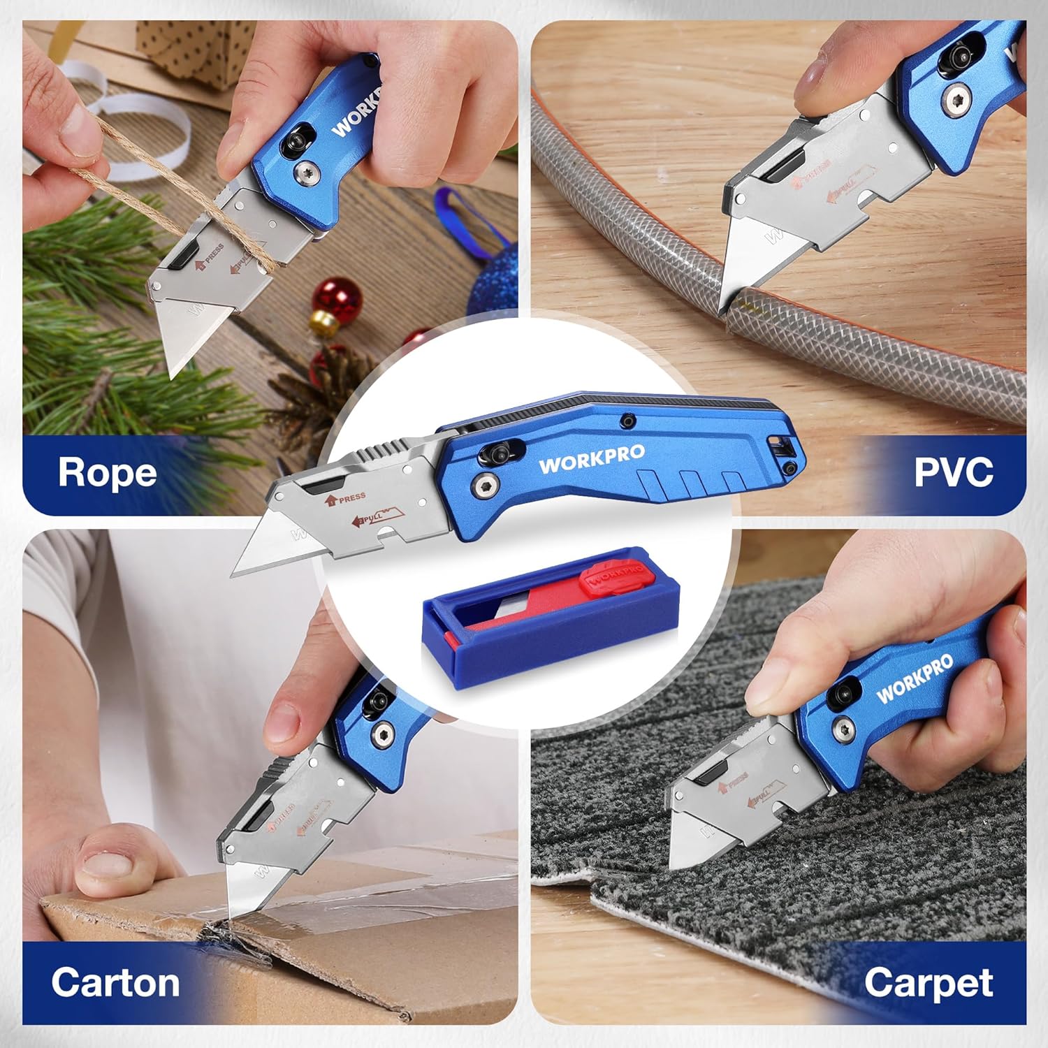 Folding utility knife in use cutting rope, PVC, carton, and carpet materials