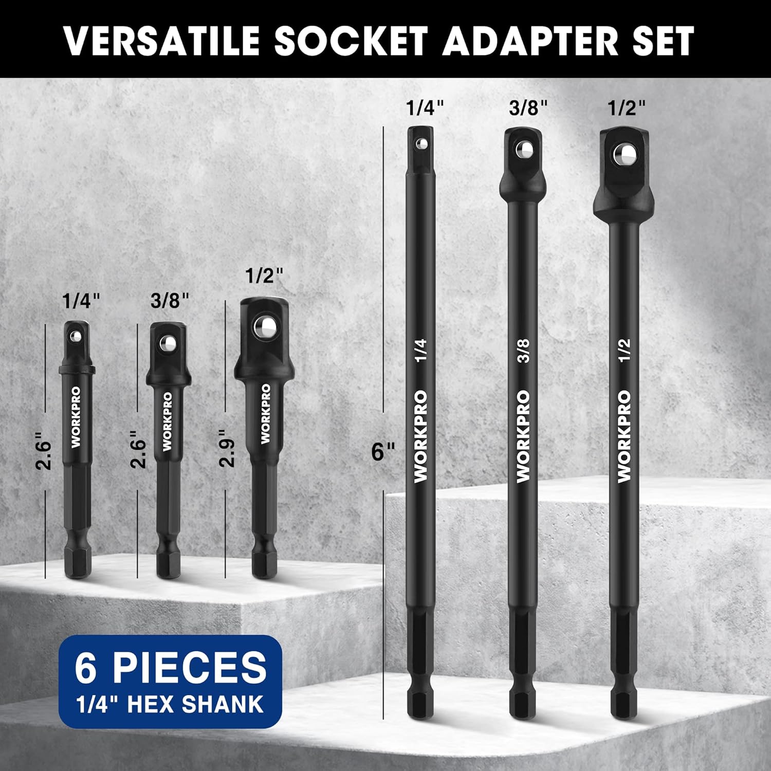 6-piece socket adapter extension set with 1/4, 3/8, and 1/2 inch hex shanks