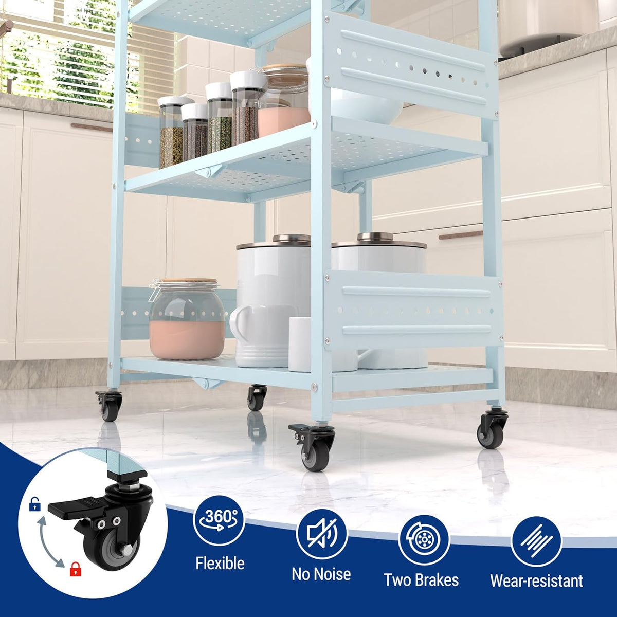 Blue folding shelf rack with perforated tiers and rolling casters