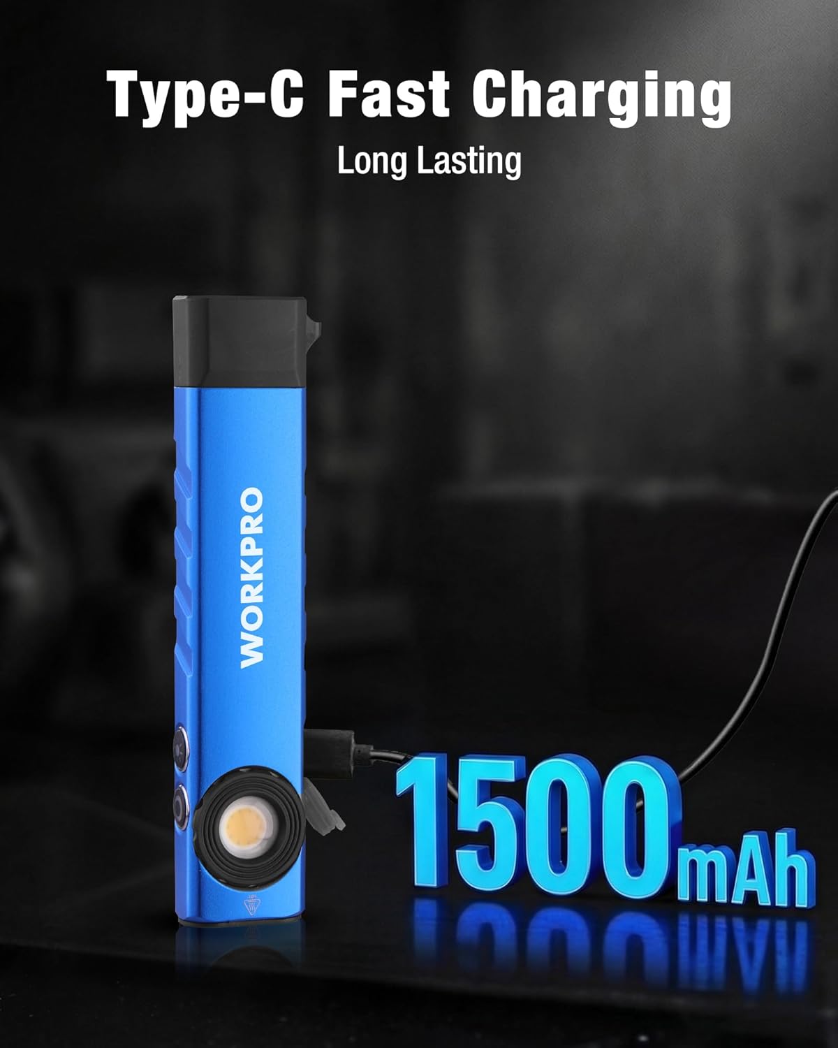 Blue WORKPRO rechargeable flashlight with Type-C charging port at the end.
