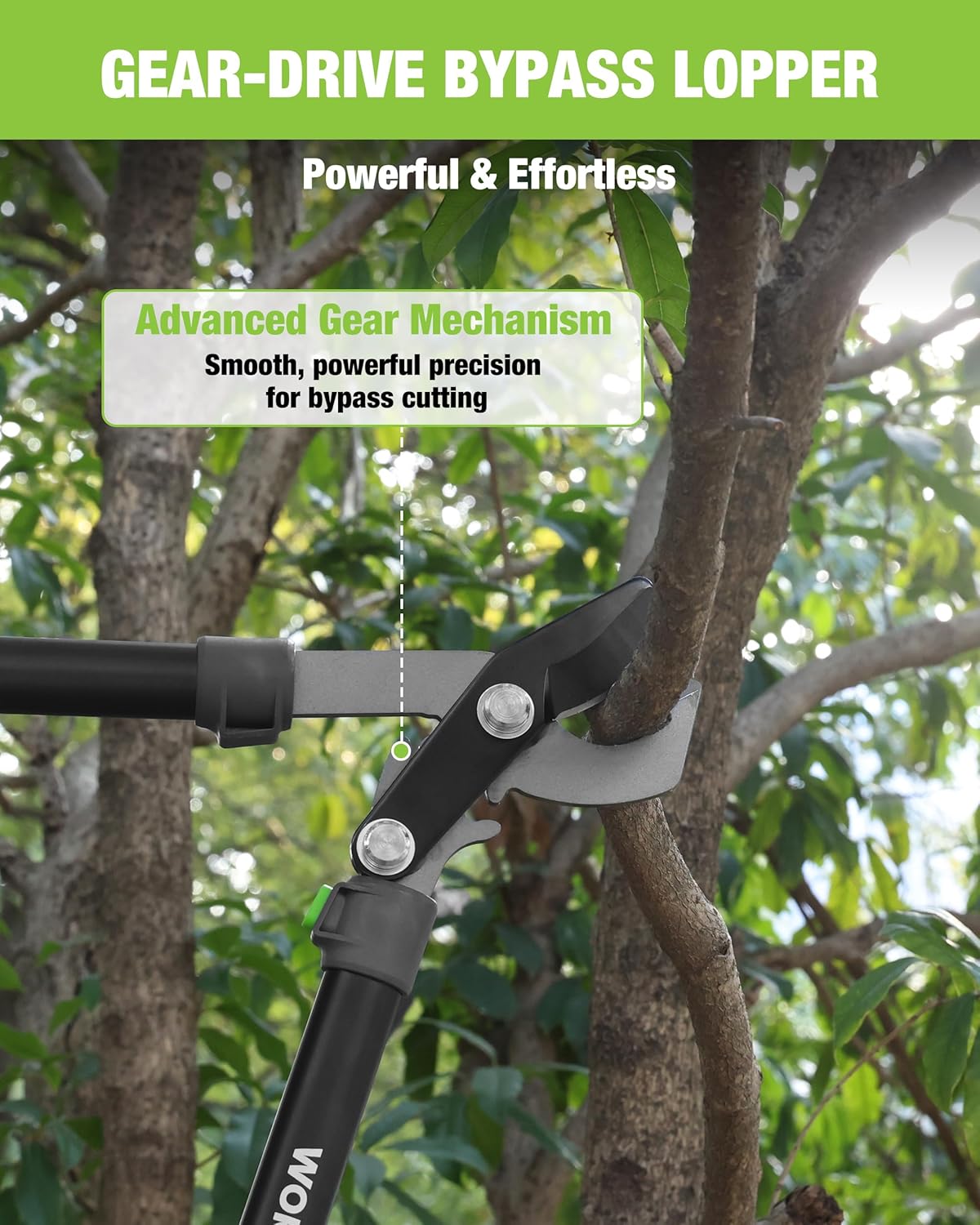 Gear-drive bypass lopper with locking latch and green details for pruning