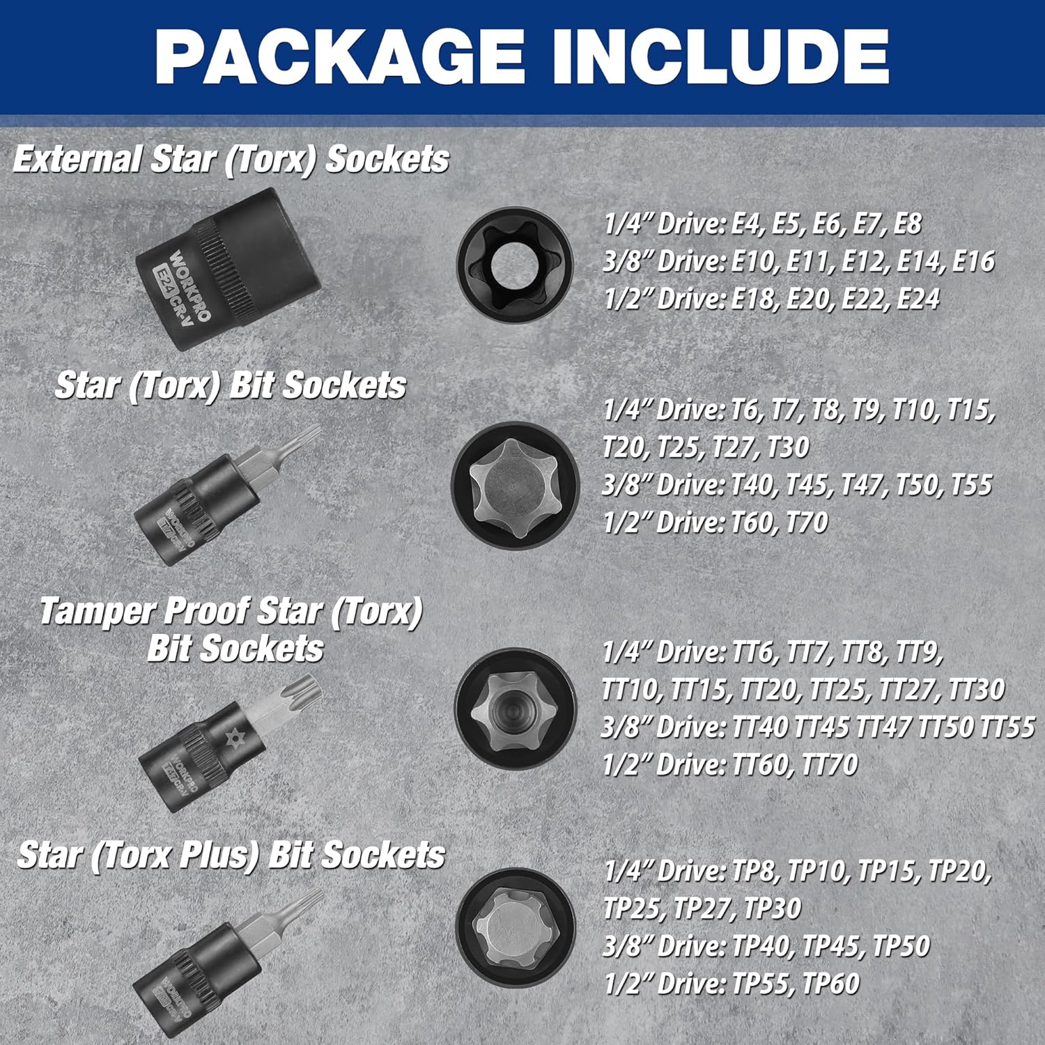 Torx bit socket set showing star, tamper-star, and Torx Plus bit sockets