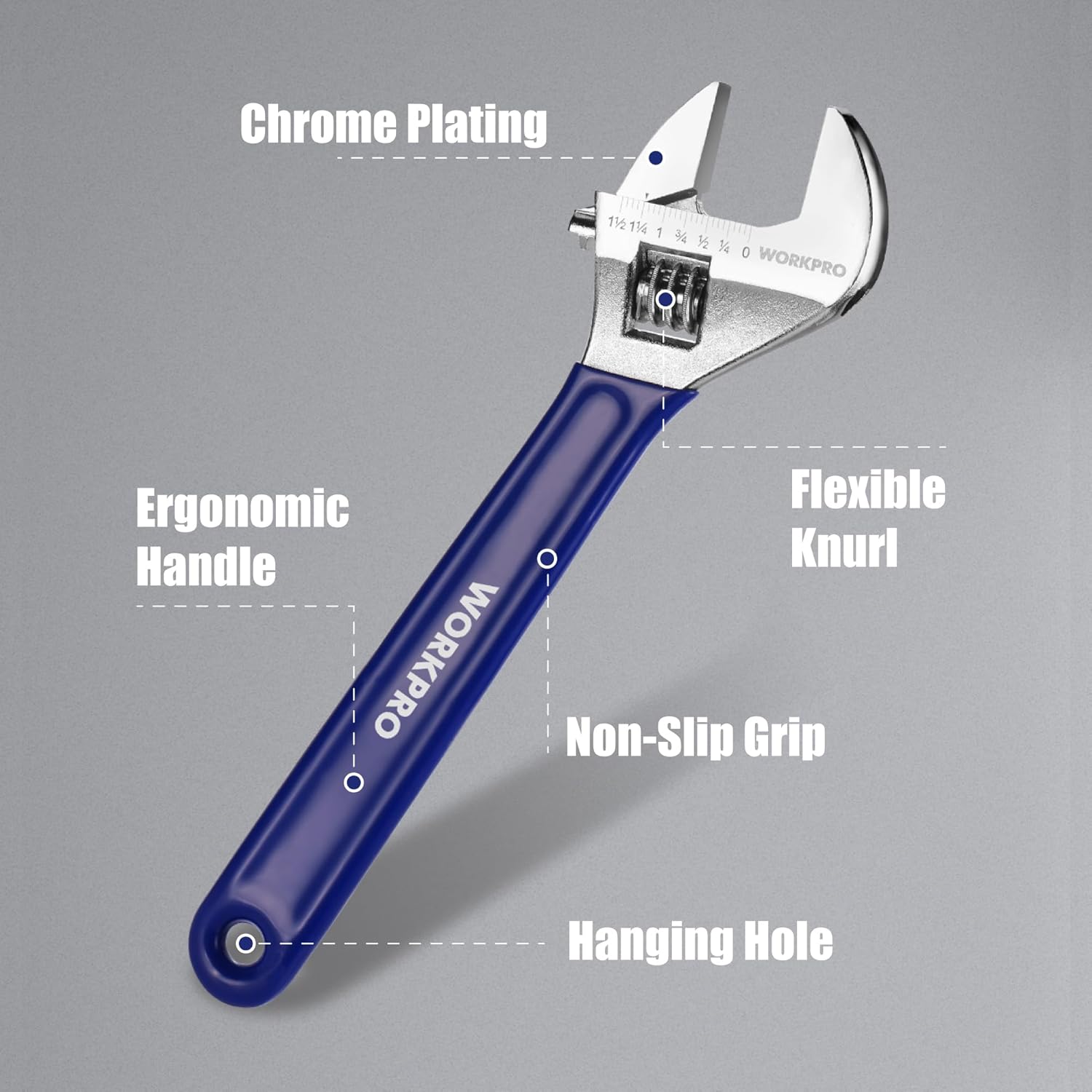 Adjustable wrench showing chrome plating, blue handle, non-slip grip, and hanging hole.