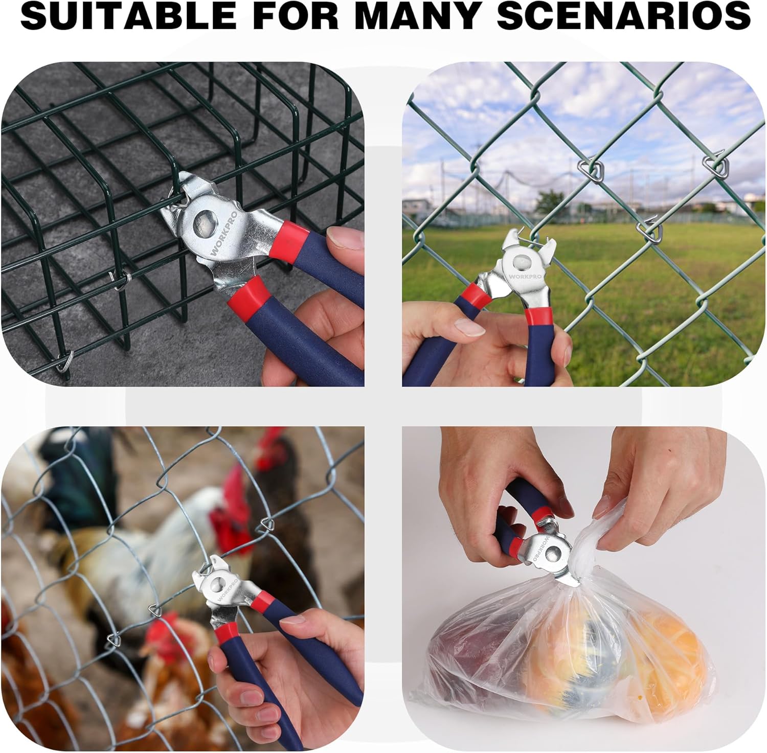 Hog ring pliers fastening hog rings to wire mesh panels; silver clamps with red grips