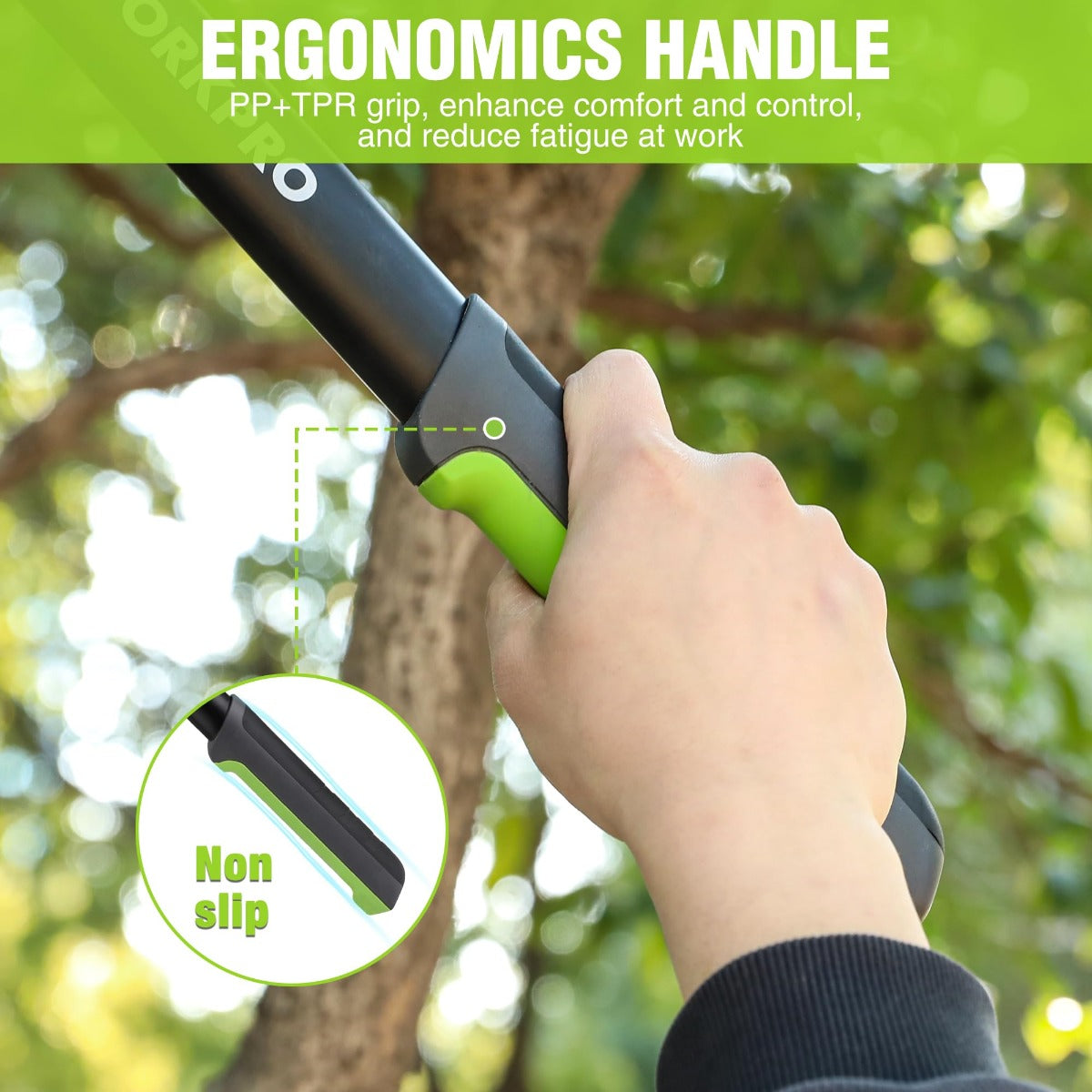 Ergonomic bypass lopper handle with green non-slip grip and PP+TPR coating