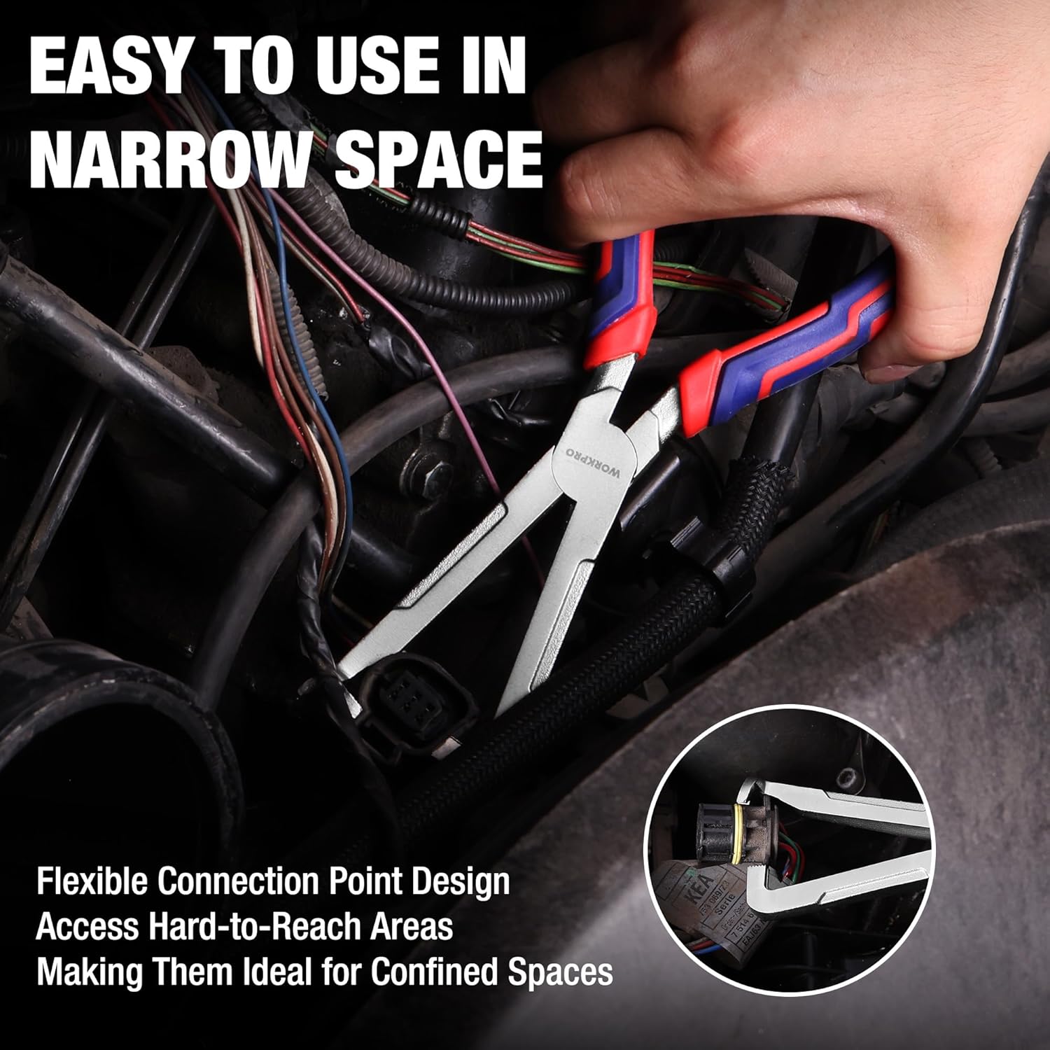Electrical connector removal pliers gripping a cable connector with red/blue TPR grips