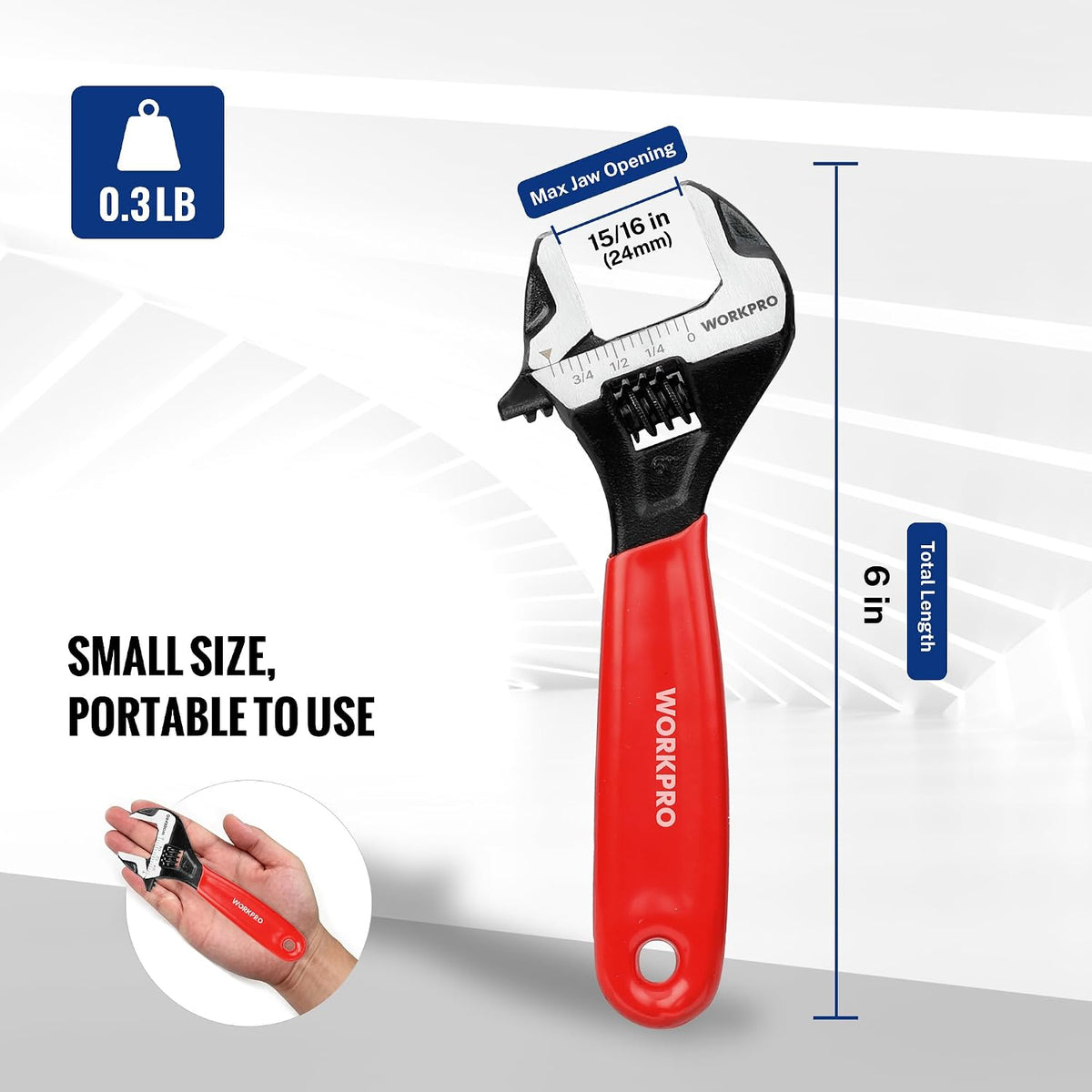 WORKPRO 6-Inch Compact Adjustable Wrench, Wide Jaw Cr-V steel Wrench