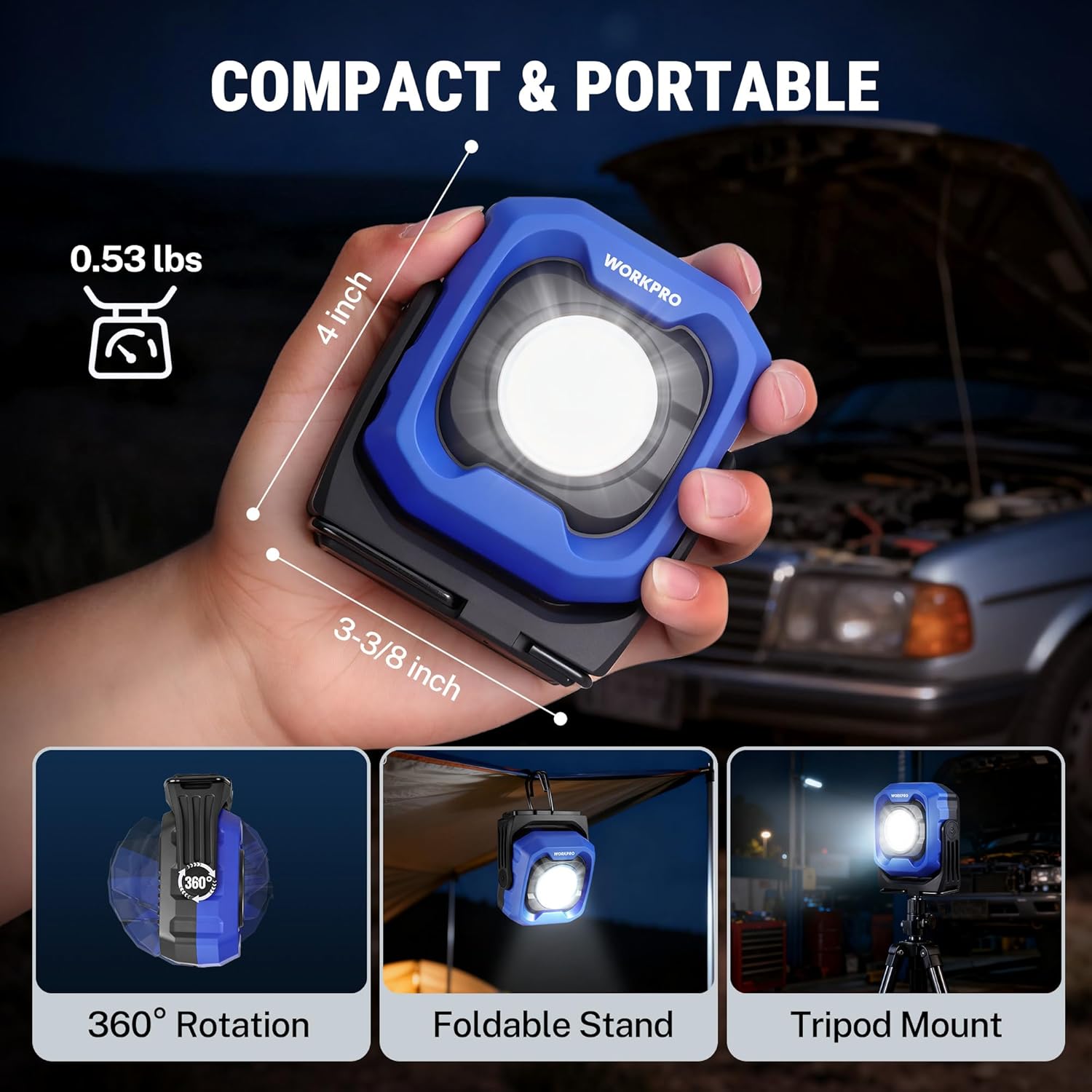 WORKPRO LED work light, compact blue and black with circular white lens