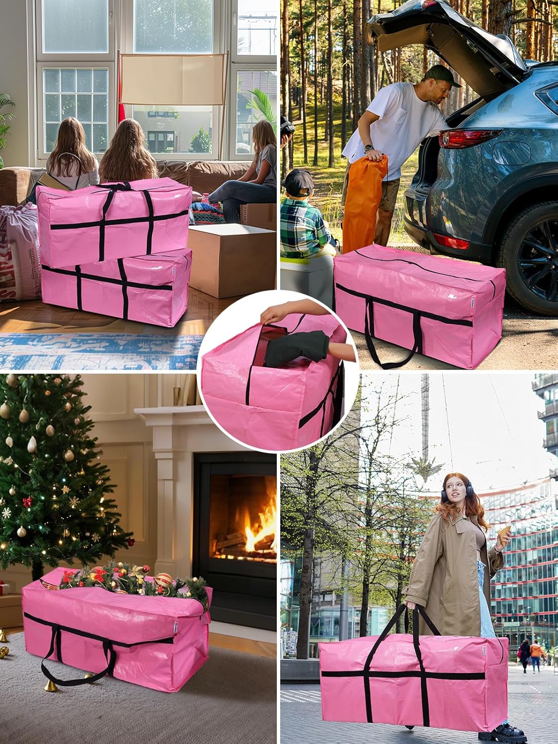 Pink moving bags with black straps in home and outdoors, carried and loaded
