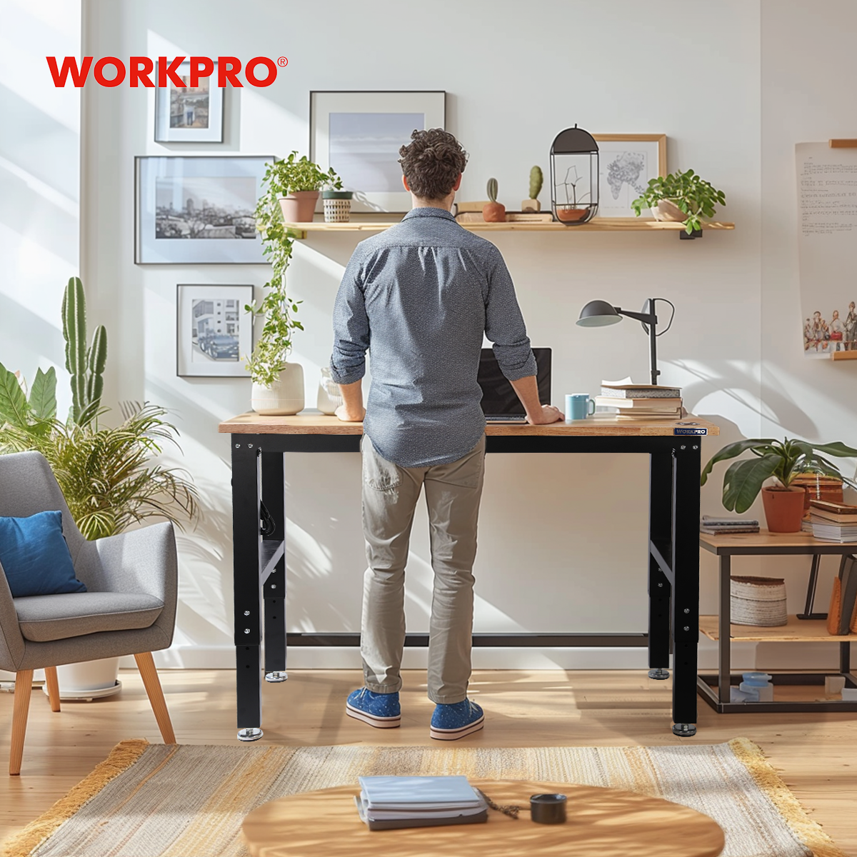 Adjustable hardwood workbench with black frame for indoor tool projects