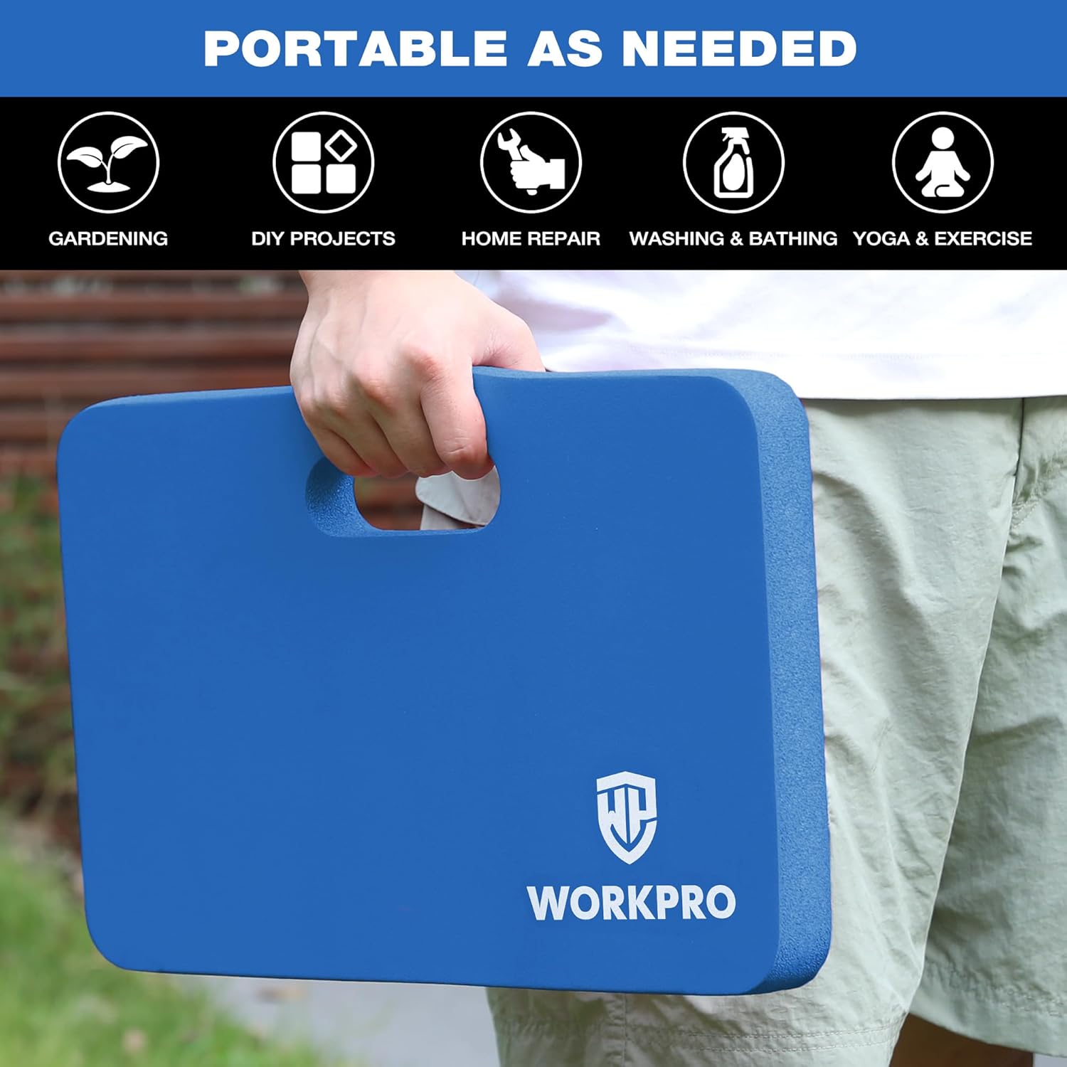 Blue foam kneeling pad held by a person with the WORKPRO logo