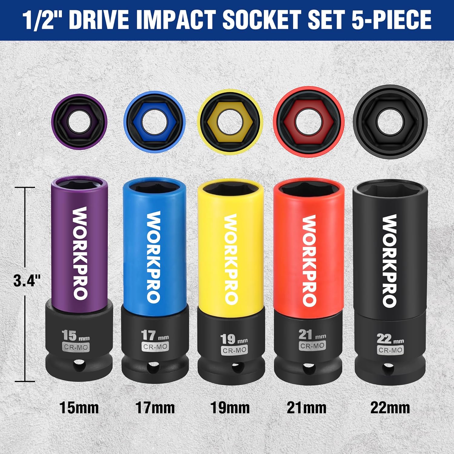 Set of five 1/2 in drive lug nut sockets with colored non-marring sleeves: 15-22mm