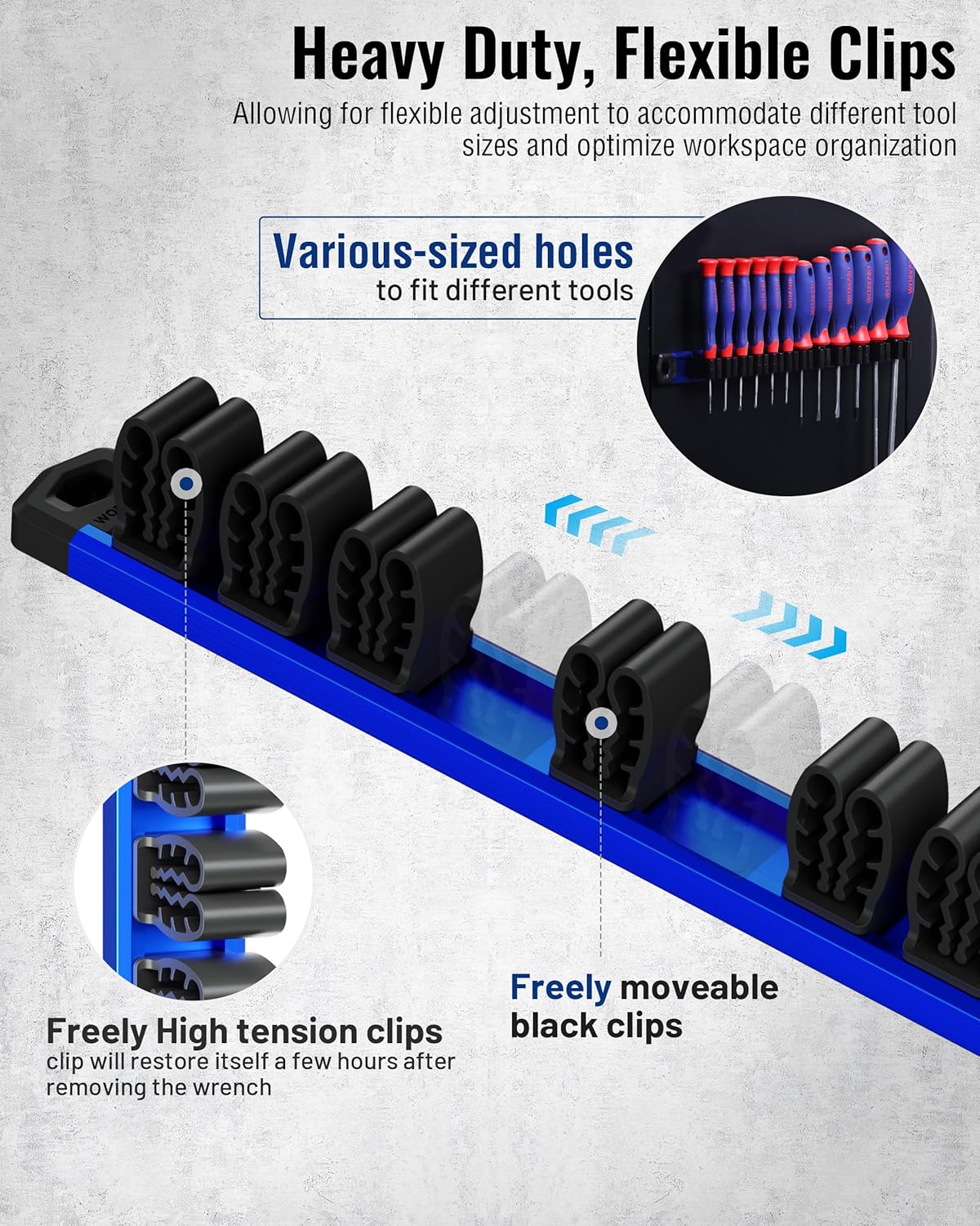 Magnetic tool rack with moveable black tension clips for various tools, blue base